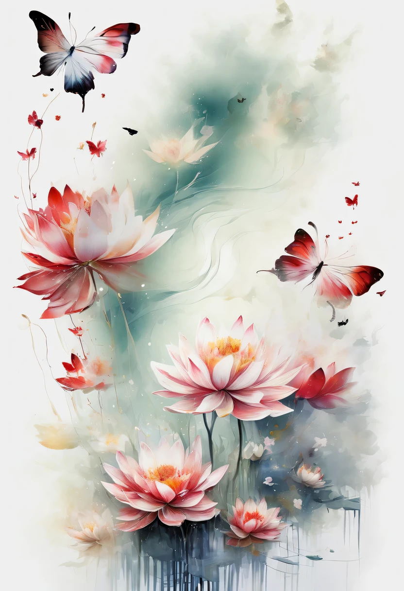 This abstract watercolor flower painting offers a light and refreshing visual effect。Lotus flowers and butterflies intertwined in the lake，Forming the perfect combination of nature and romance。The screen is dominated by a white background，Highlight isolated watercolor flower。Splash technology recreates wet conditions，The atmosphere seems vague and dreamy。Unique composition and abstract expression add to the artistic feel of the picture，Contains elements of surrealism。The overall color tone is mainly light tones，Red and gold complement each other，Show high-resolution details。The splash-ink effect adds a touch of agility to the picture，The light color gives the flowers a deep and restrained beauty.