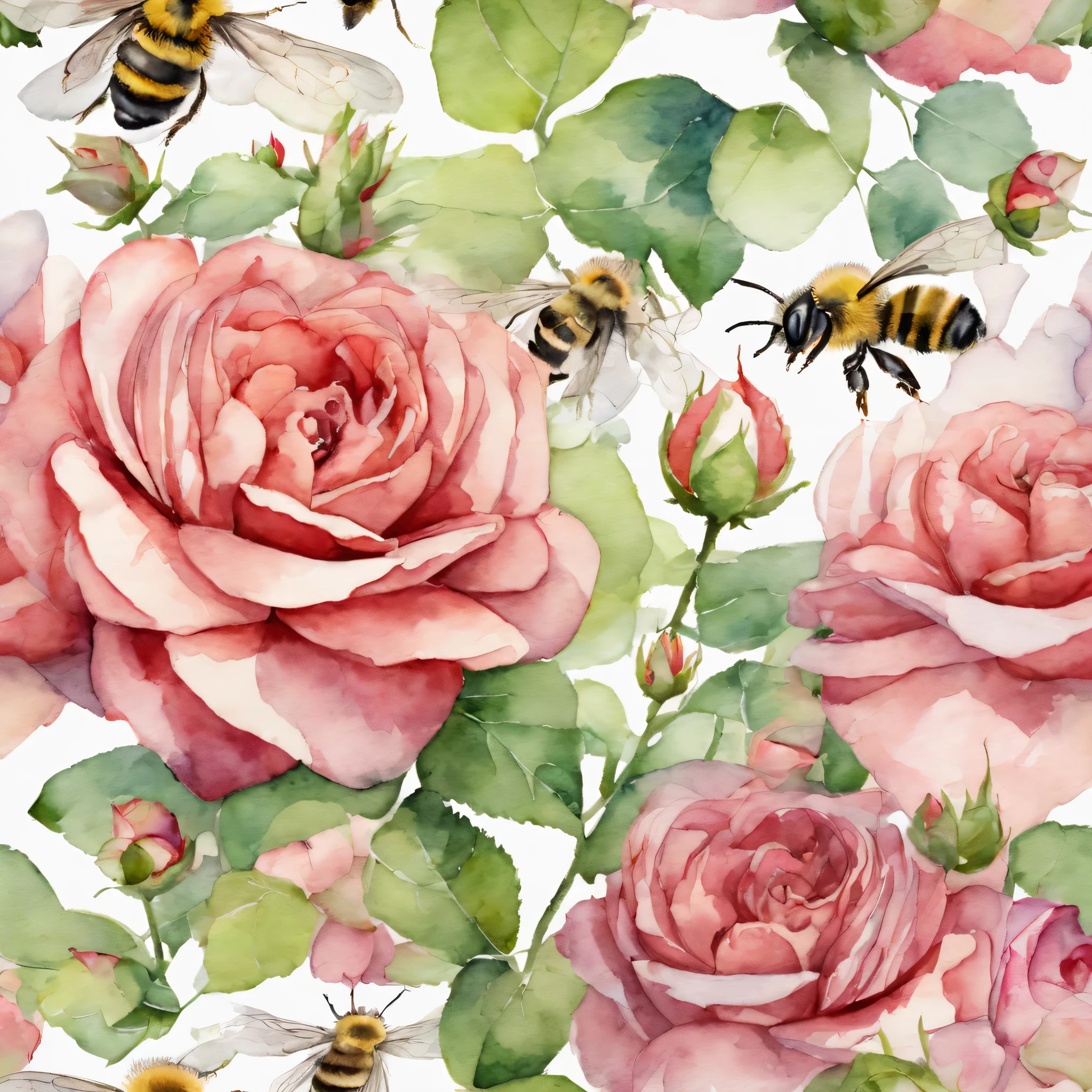 Watercolor Art, Watercolor painting, watercolor flowers, blooming rose bush and bee, high detail, The work of the wizard