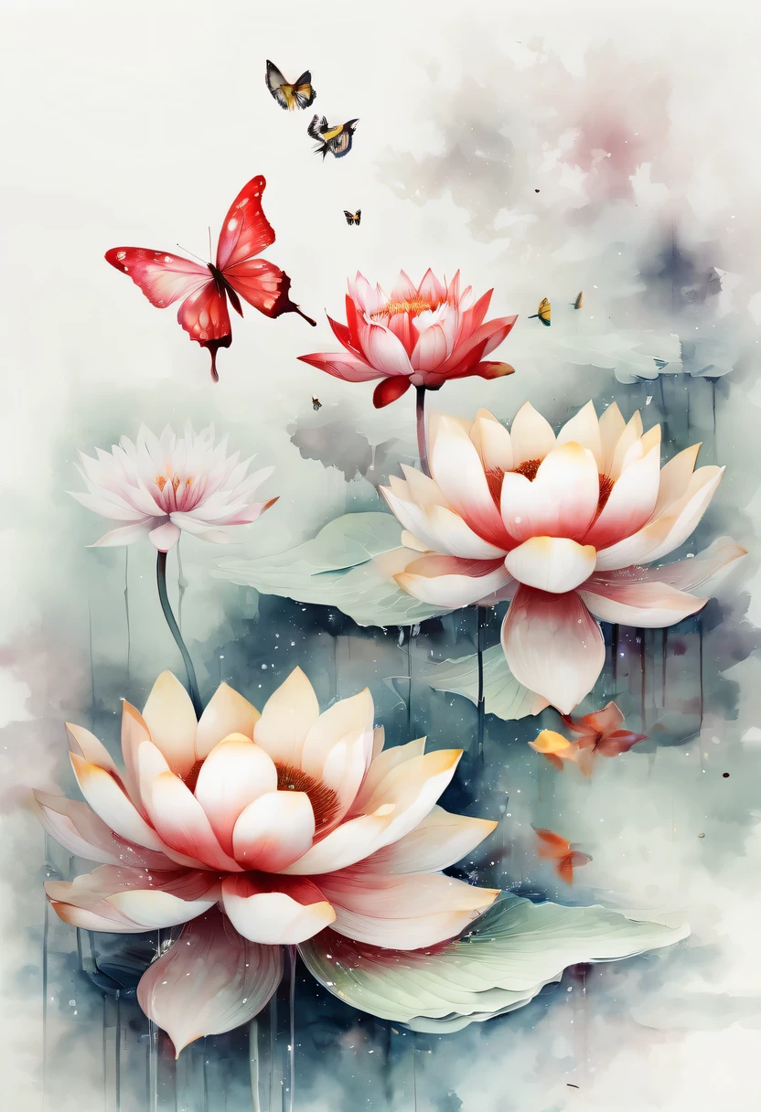 This abstract watercolor flower painting offers a light and refreshing visual effect。Lotus flowers and butterflies intertwined in the lake，Forming the perfect combination of nature and romance。The screen is dominated by a white background，Highlight isolated watercolor flower。Splash technology recreates wet conditions，The atmosphere seems vague and dreamy。Unique composition and abstract expression add to the artistic feel of the picture，Contains elements of surrealism。The overall color tone is mainly light tones，Red and gold complement each other，Show high-resolution details。The splash-ink effect adds a touch of agility to the picture，The light color gives the flowers a deep and restrained beauty.