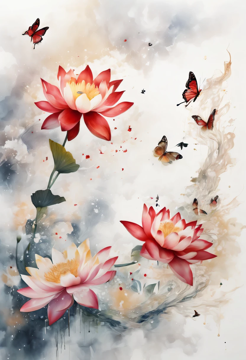 This abstract watercolor flower painting offers a light and refreshing visual effect。Lotus flowers and butterflies intertwined in the lake,Forming the perfect combination of nature and romance。The screen is dominated by a white background,Highlight isolated watercolor flower。Splash technology recreates wet conditions,The atmosphere seems vague and dreamy。Unique composition and abstract expression add to the artistic feel of the picture,Contains elements of surrealism。The overall color tone is mainly light tones,Red and gold complement each other,Show high-resolution details。The splash-ink effect adds a touch of agility to the picture,The light color gives the flowers a deep and restrained beauty.