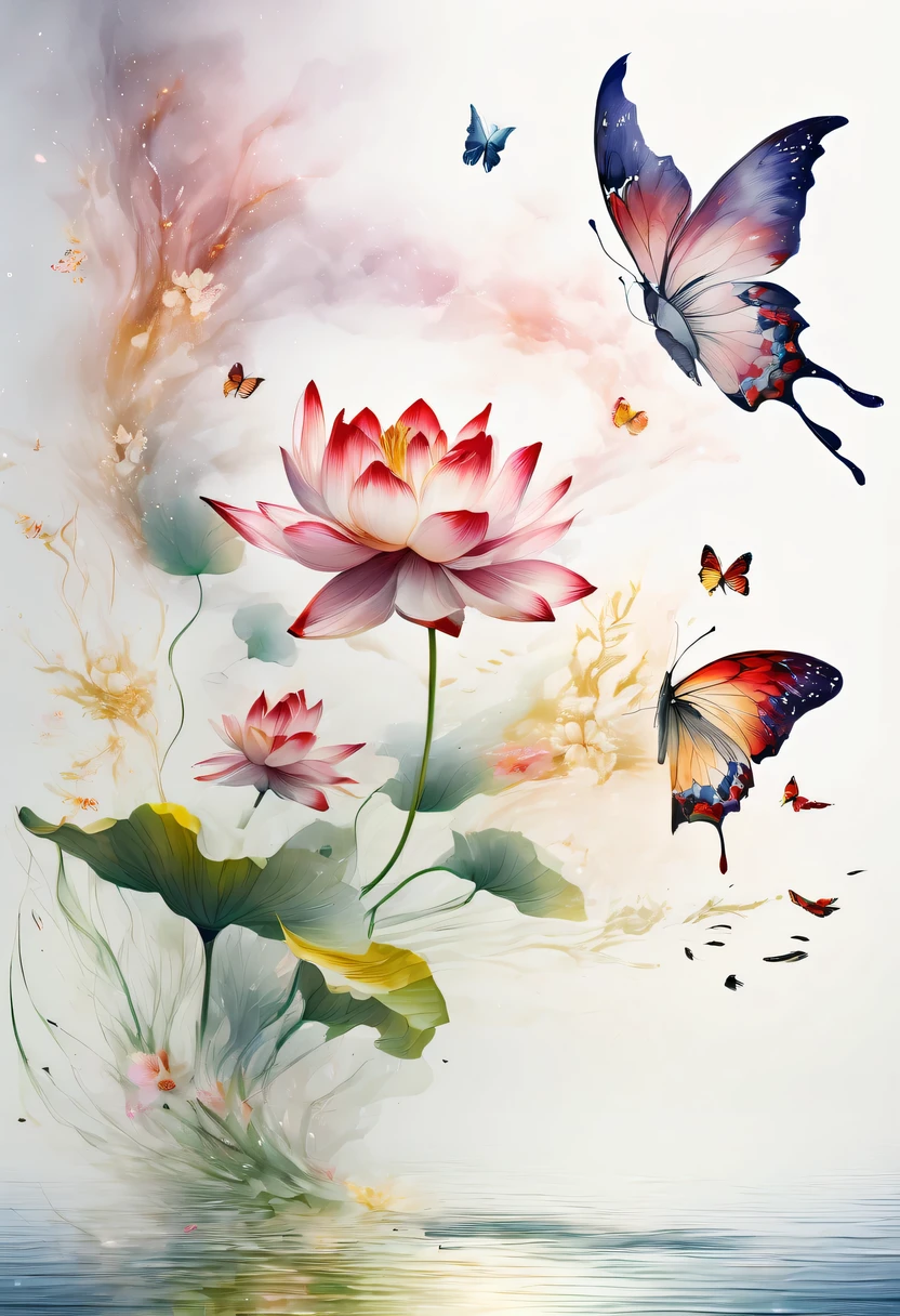 This abstract watercolor flower painting offers a light and refreshing visual effect。Lotus flowers and butterflies intertwined in the lake，Forming the perfect combination of nature and romance。The screen is dominated by a white background，Highlight isolated watercolor flower。Splash technology recreates wet conditions，The atmosphere seems vague and dreamy。Unique composition and abstract expression add to the artistic feel of the picture，Contains elements of surrealism。The overall color tone is mainly light tones，Red and gold complement each other，Show high-resolution details。The splash-ink effect adds a touch of agility to the picture，The light color gives the flowers a deep and restrained beauty.
