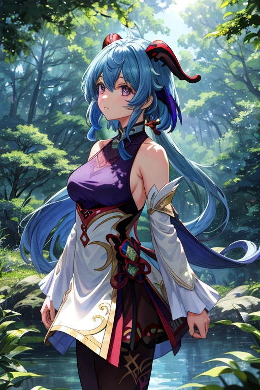 ((5girls)), masterpiece, superlative, portrait, hyperdetail, illustration, close-up, gorgeous background, straight shot, blue hair, purple eyes, (focus on face), looking into the distance, forest, sun, wind, butterfly, studio lighting, horizontal axis, tree, lake, standing, ganyu \(genshin impact), double horn, bare shoulders, tights lovely and beautiful 