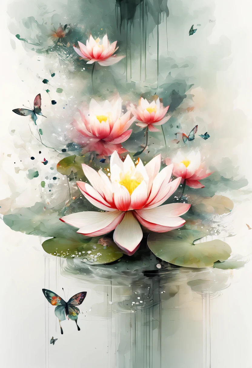 This abstract watercolor flower painting offers a light and refreshing visual effect。Lotus flowers and butterflies intertwined in the lake，Forming the perfect combination of nature and romance。The screen is dominated by a white background，Highlight isolated watercolor flower。Splash technology recreates wet conditions，The atmosphere seems vague and dreamy。Unique composition and abstract expression add to the artistic feel of the picture，Contains elements of surrealism。The overall color tone is mainly light tones，Red and gold complement each other，Show high-resolution details。The splash-ink effect adds a touch of agility to the picture，The light color gives the flowers a deep and restrained beauty.