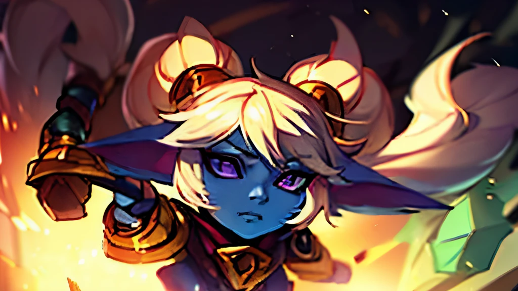 There's a girl with blonde hair and a blue face holding a sword, poppy, arte oficial splash, Estilo de arte de League of Legends, de League of Legends, Arte estilo League of Legends, iconic character splash art, arte de splash do personagem, Astri Lohne, Arte do personagem de League of Legends, Personagem de League of Legends, fantasia estilo de arte hearthstone, Freya, na frente de um carro
