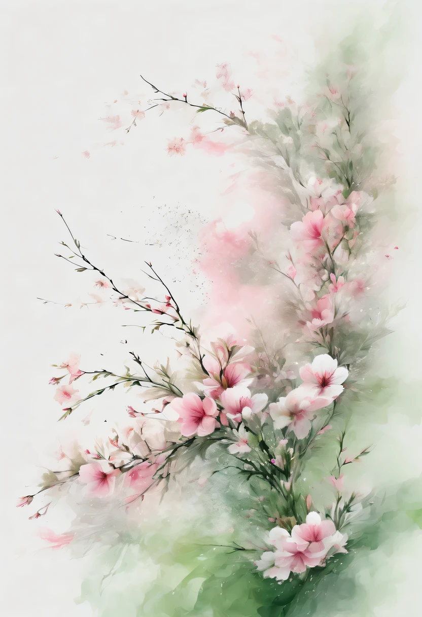 This watercolor flower painting presents an elegant and fresh visual effect。Wild flowers and peach blossoms intertwined in the fields,Forming the perfect combination of nature and romance。The screen is dominated by a white background,Highlight isolated watercolor flower。Splash technology recreates wet conditions,The atmosphere seems vague and dreamy。Unique composition and abstract expression add to the artistic feel of the picture,Contains elements of surrealism。The overall color tone is mainly light tones,Pale pink and green complement each other,Show high-resolution details。The splash-ink effect adds a touch of agility to the picture,The light color gives the flowers a deep and restrained beauty.。