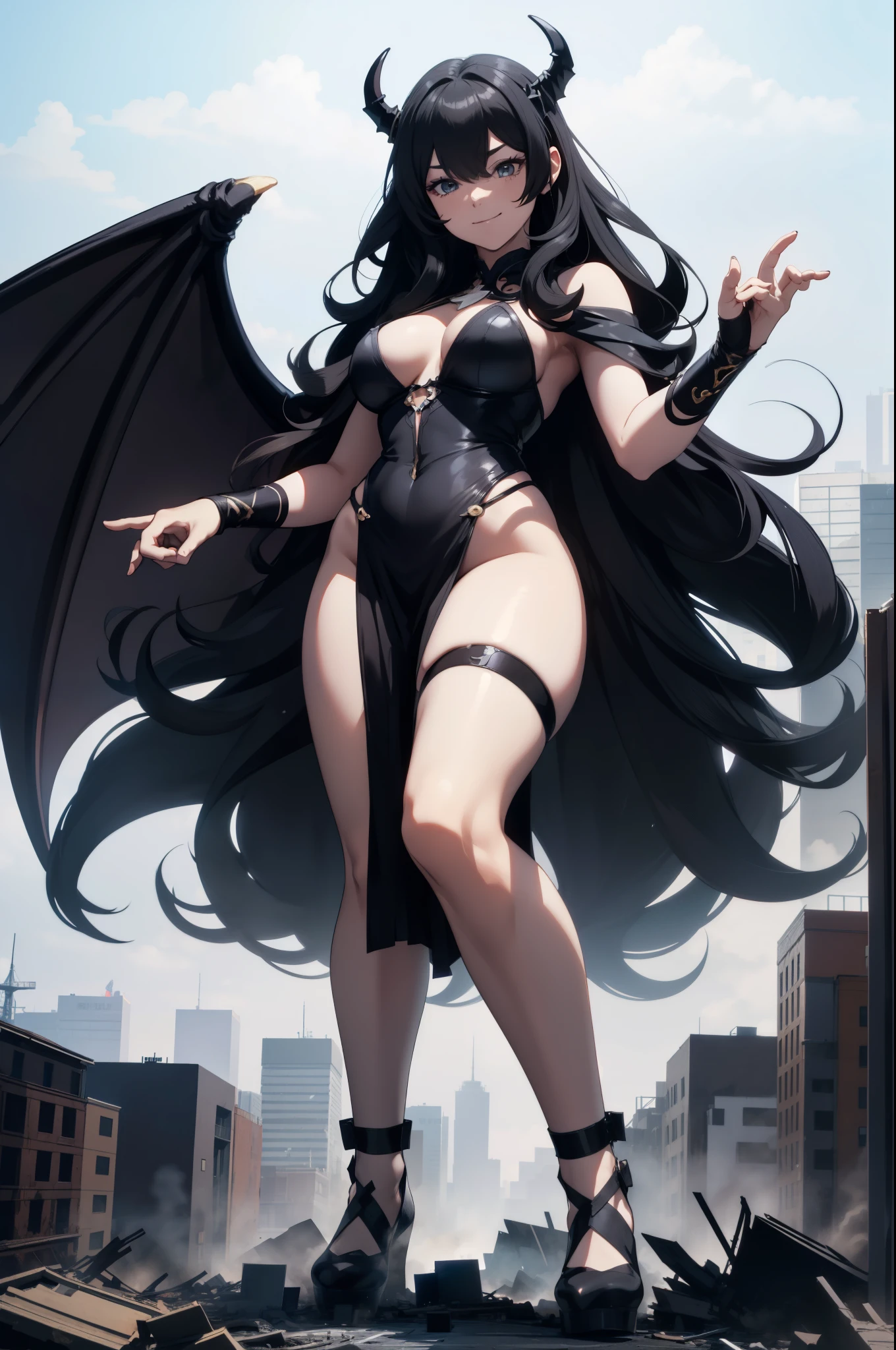 Aerial View，Giant girl 50,000 feet tall，Have a pair of long legs，Possessing a pair of huge demon wings，Has black waist-length hair，Loose hair，Wearing a pair of Mary Jane shoes，black curly hair，A look of enjoyment，Standing tall on a destroyed city，Beautiful appearance，Exquisite makeup，quality，8k,high quality,(governor:1.5)，perfect proportions, Cinema lighting, film grain, Fuji colors, 8k, textured skin, Super details, high detail, high quality, high resolution,explode，fake smile，black stockings，blood stains，脚底有blood stains