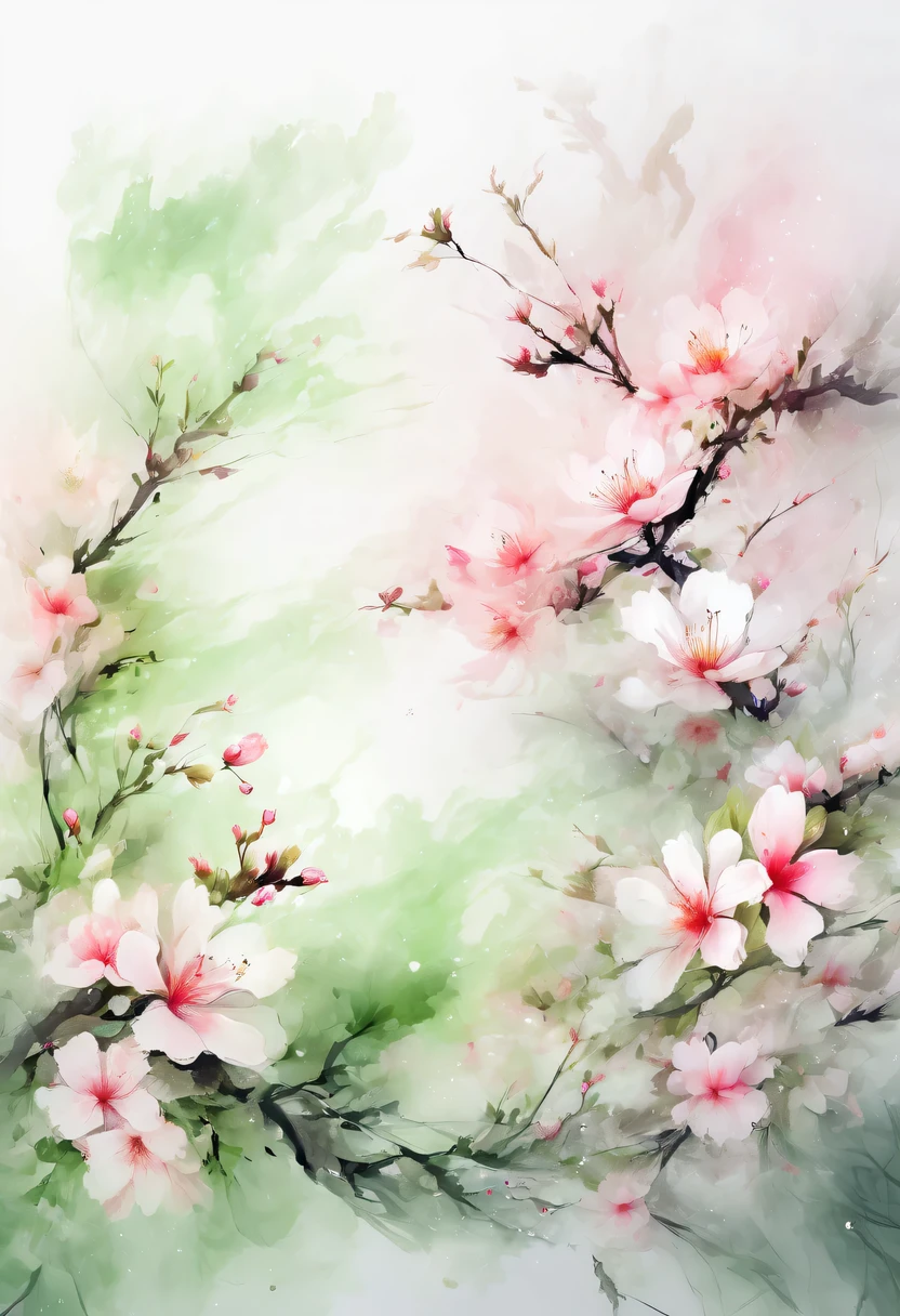 This watercolor flower painting presents an elegant and fresh visual effect。Wild flowers and peach blossoms intertwined in the fields，Forming the perfect combination of nature and romance。The screen is dominated by a white background，Highlight isolated watercolor flower。Splash technology recreates wet conditions，The atmosphere seems vague and dreamy。Unique composition and abstract expression add to the artistic feel of the picture，Contains elements of surrealism。The overall color tone is mainly light tones，Pale pink and green complement each other，Show high-resolution details。The splash-ink effect adds a touch of agility to the picture，The light color gives the flowers a deep and restrained beauty.。