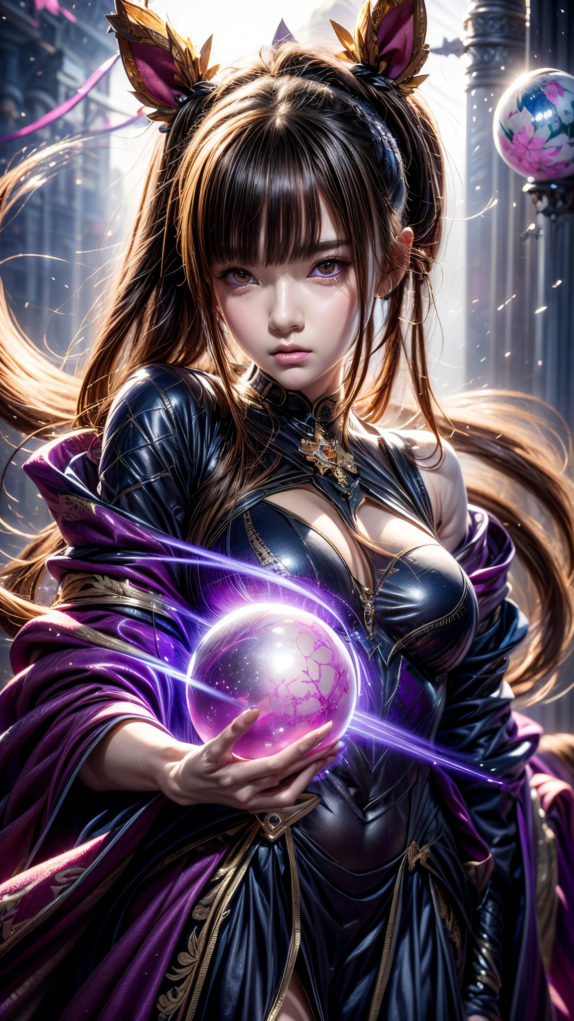 a woman in a purple dress holding a purple ball, beautiful celestial mage, detailed digital anime art, anime fantasy artwork, anime fantasy illustration, extremely detailed artgerm, fantasy art style, anime art wallpaper 8 k, 8k high quality detailed art, anime art wallpaper 4 k, anime art wallpaper 4k, anime girl with cosmic hair, digital anime art, purple aura