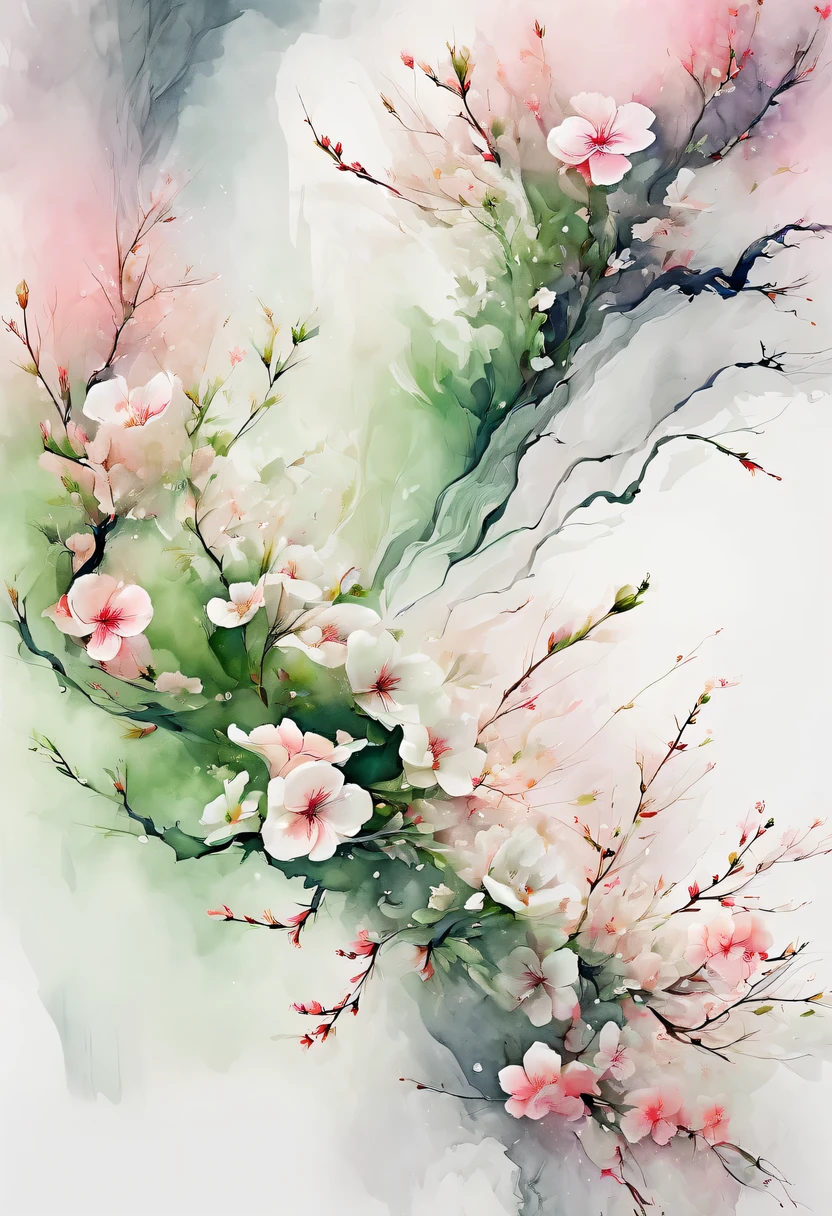 This watercolor flower painting presents an elegant and fresh visual effect。Wild flowers and peach blossoms intertwined in the fields，Forming the perfect combination of nature and romance。The screen is dominated by a white background，Highlight isolated watercolor flower。Splash technology recreates wet conditions，The atmosphere seems vague and dreamy。Unique composition and abstract expression add to the artistic feel of the picture，Contains elements of surrealism。The overall color tone is mainly light tones，Pale pink and green complement each other，Show high-resolution details。The splash-ink effect adds a touch of agility to the picture，The light color gives the flowers a deep and restrained beauty.。