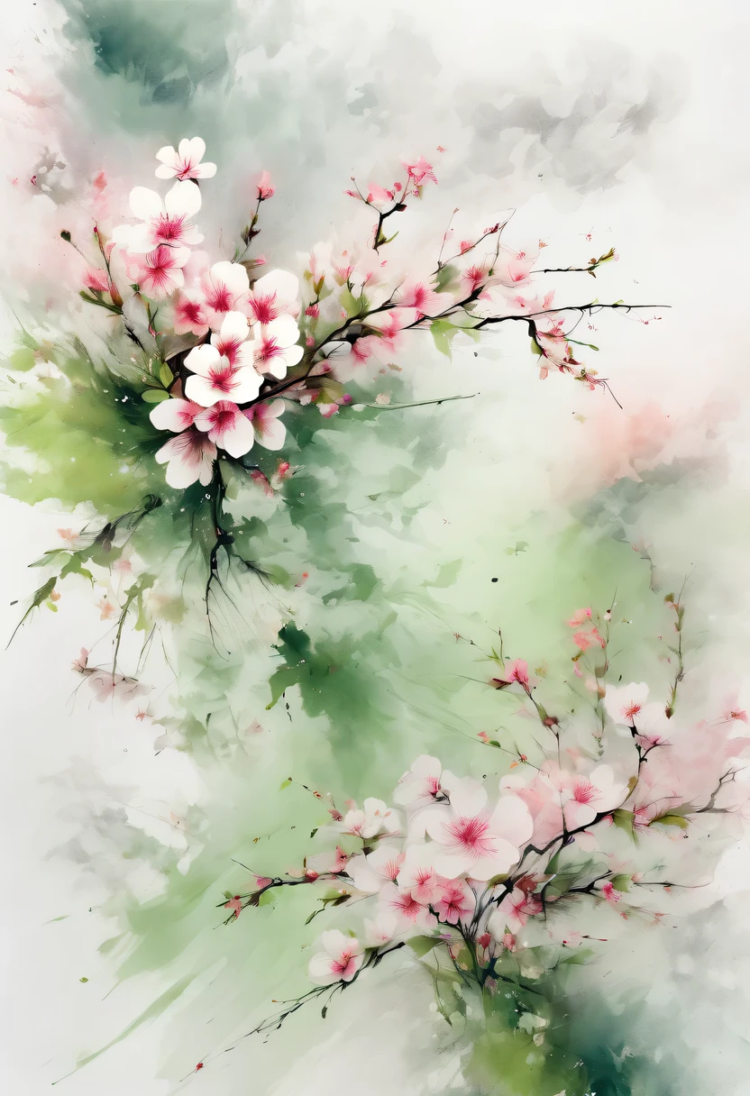 This watercolor flower painting presents an elegant and fresh visual effect。Wild flowers and peach blossoms intertwined in the fields,Forming the perfect combination of nature and romance。The screen is dominated by a white background,Highlight isolated watercolor flower。Splash technology recreates wet conditions,The atmosphere seems vague and dreamy。Unique composition and abstract expression add to the artistic feel of the picture,Contains elements of surrealism。The overall color tone is mainly light tones,Pale pink and green complement each other,Show high-resolution details。The splash-ink effect adds a touch of agility to the picture,The light color gives the flowers a deep and restrained beauty.。