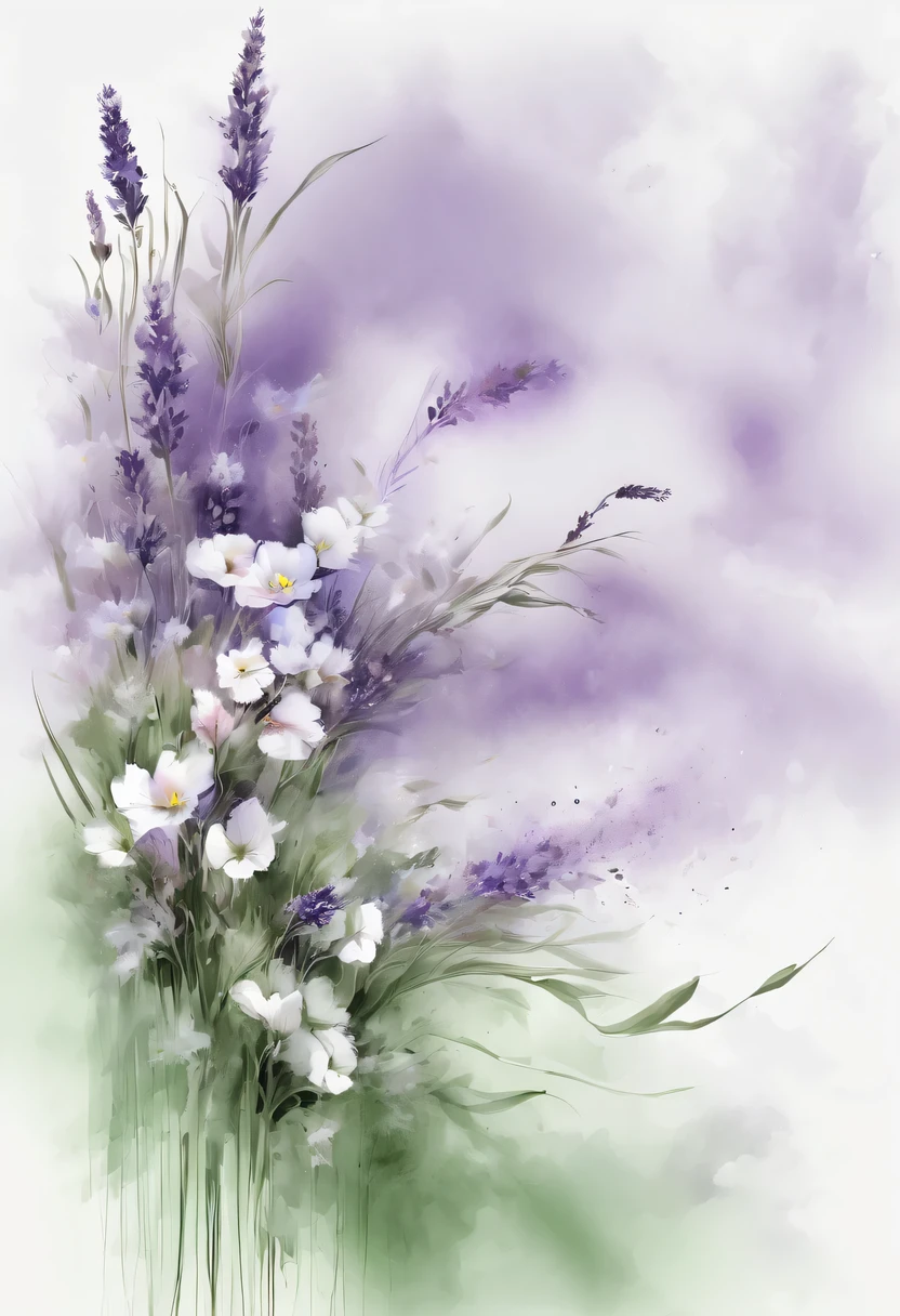 This watercolor flower painting presents an elegant and fresh visual effect。Wildflower and lavender fields,Forming the perfect combination of nature and romance。The screen is dominated by a white background,Highlight isolated watercolor flower。render with ink,Splash technology recreates wet conditions,The atmosphere seems vague and dreamy。Unique composition and abstract expression add to the artistic feel of the picture,Contains elements of surrealism。The overall color tone is mainly light tones,Lilac and green complement each other beautifully,Show high-resolution details。The splash-ink effect adds a touch of agility to the picture,The light color gives the flowers a deep and restrained beauty.。