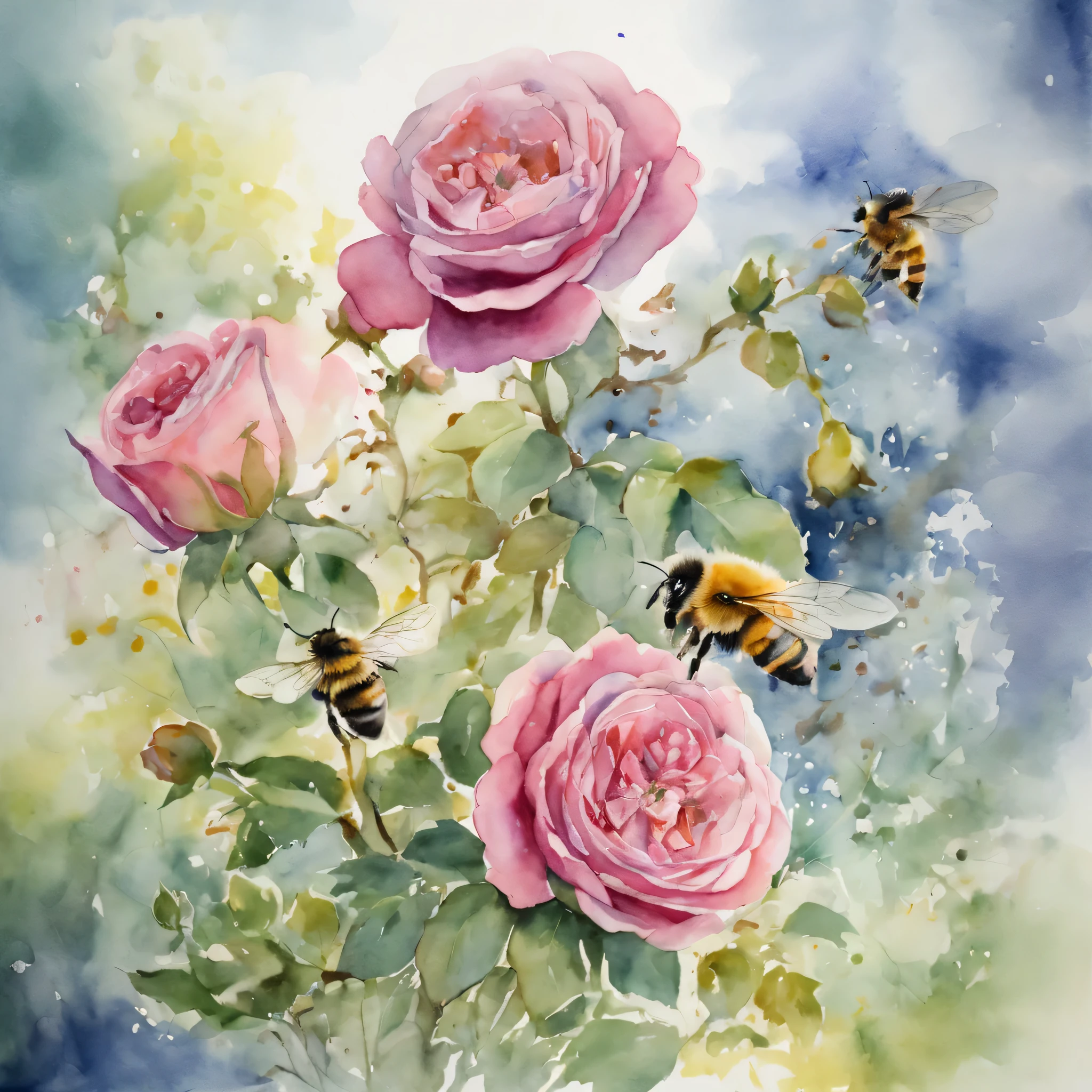 Watercolor Art, Watercolor painting, watercolor flowers, blooming rose bush and bee, high detail, The work of the wizard
