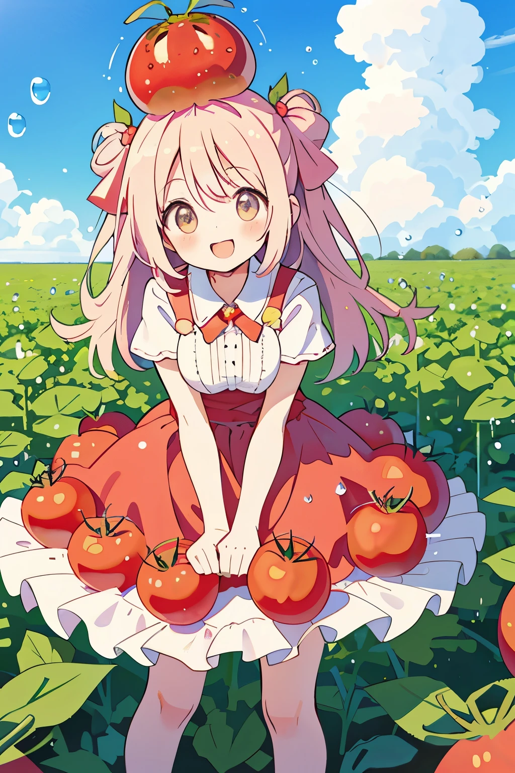 (Tomato field),(tomato-shaped hat on head:1.2),(Tomato Fairy:1.2),blush,Chibi,cute,girl,happy look,(Clear sky without a single cloud:1.3),(lots of large water droplets:1.3),(protruding breasts:1.3),(big breasts:1.15),(NSFW:1.0),(dress with lots of tomatoes:1.3),(A tomato grows out of its head like an antenna.:1.5),(A field full of tomatoes:1.2),(tomato shaped accessories:1.3),(🍅),