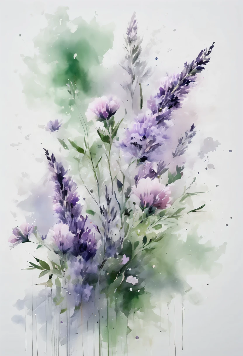 This watercolor flower painting presents an elegant and fresh visual effect。Wildflower and lavender fields,Forming the perfect combination of nature and romance。The screen is dominated by a white background,Highlight isolated watercolor flower。render with ink,Splash technology recreates wet conditions,The atmosphere seems vague and dreamy。Unique composition and abstract expression add to the artistic feel of the picture,Contains elements of surrealism。The overall color tone is mainly light tones,Lilac and green complement each other beautifully,Show high-resolution details。The splash-ink effect adds a touch of agility to the picture,The light color gives the flowers a deep and restrained beauty.。