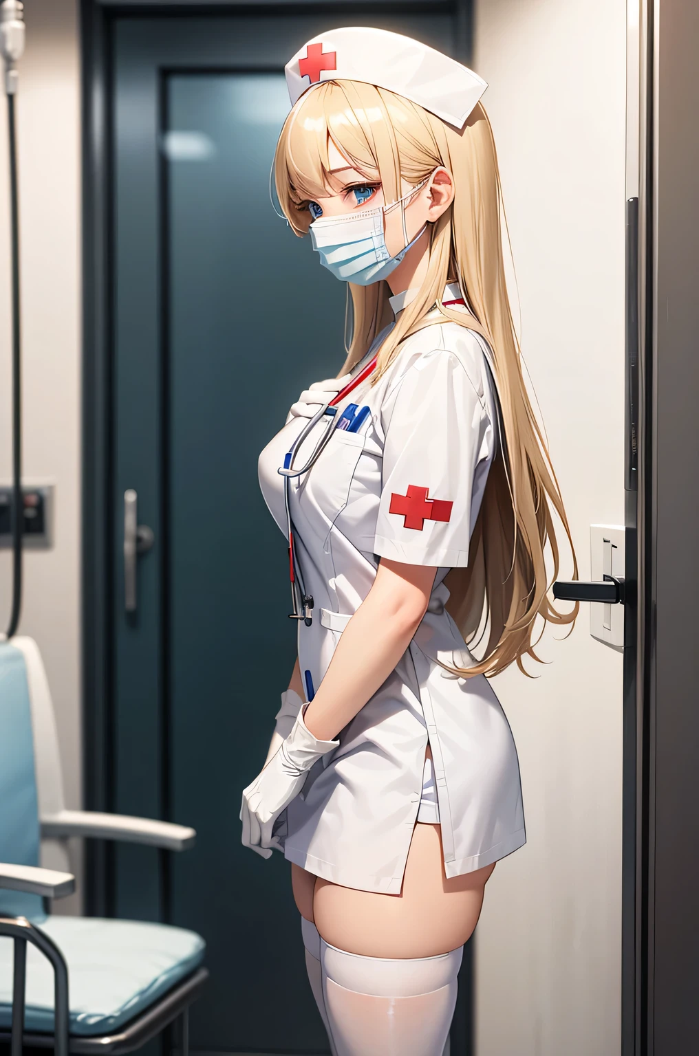 1woman, solo, nurse, white nurse cap, white nurse uniform, ((white legwear, zettai ryouiki)), white gloves, blonde hair, blue eyes, ((white surgical mask, covered nose)), standing, ((hospital room)), sharp outline, short sleeves, mature female, 35 years old, best quality, masterpiece