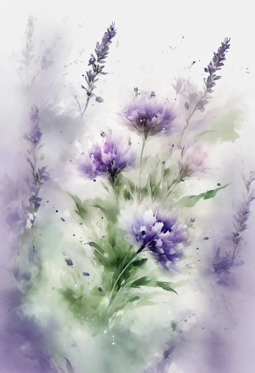 This watercolor flower painting presents an elegant and fresh visual effect。Wildflower and lavender fields,Forming the perfect combination of nature and romance。The screen is dominated by a white background,Highlight isolated watercolor flower。render with ink,Splash technology recreates wet conditions,The atmosphere seems vague and dreamy。Unique composition and abstract expression add to the artistic feel of the picture,Contains elements of surrealism。The overall color tone is mainly light tones,Lilac and green complement each other beautifully,Show high-resolution details。The splash-ink effect adds a touch of agility to the picture,The light color gives the flowers a deep and restrained beauty.。