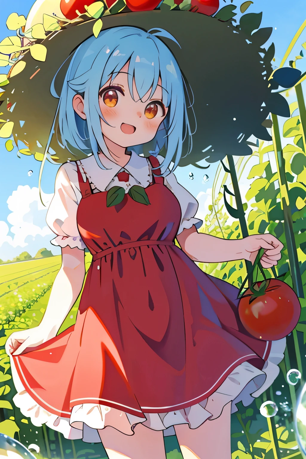 (Tomato field),(tomato-shaped hat on head:1.2),(Tomato Fairy:1.2),blush,Chibi,cute,girl,happy look,(Clear sky without a single cloud:1.3),(lots of large water droplets:1.3),(protruding breasts:1.3),(big breasts:1.15),(NSFW:1.0),(dress with lots of tomatoes:1.3),(A tomato grows out of its head like an antenna.:1.5),(A field full of tomatoes:1.2),(tomato shaped accessories:1.3),(🍅),