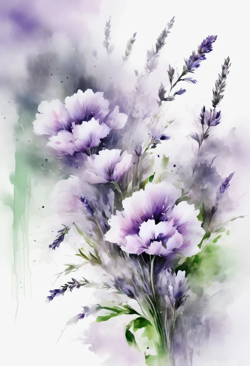 This watercolor flower painting presents an elegant and fresh visual effect。Wildflower and lavender fields，Forming the perfect combination of nature and romance。The screen is dominated by a white background，Highlight isolated watercolor flower。render with ink，Splash technology recreates wet conditions，The atmosphere seems vague and dreamy。Unique composition and abstract expression add to the artistic feel of the picture，Contains elements of surrealism。The overall color tone is mainly light tones，Lilac and green complement each other beautifully，Show high-resolution details。The splash-ink effect adds a touch of agility to the picture，The light color gives the flowers a deep and restrained beauty.。