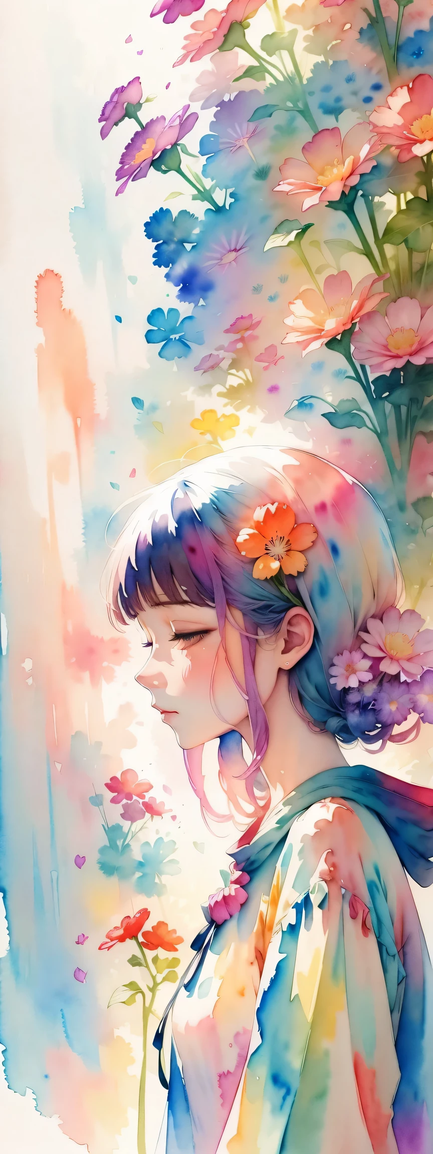 watercolor art, (watercolor painting: In this ethereal scenery, colorful flowers), Dreams and reality are intertwined. The air is filled with the intoxicating fragrance of flowers, Exquisite perfume symphony. Flowers seem to release the soul, Their essence blends with the fragrant breeze that caresses the skin.