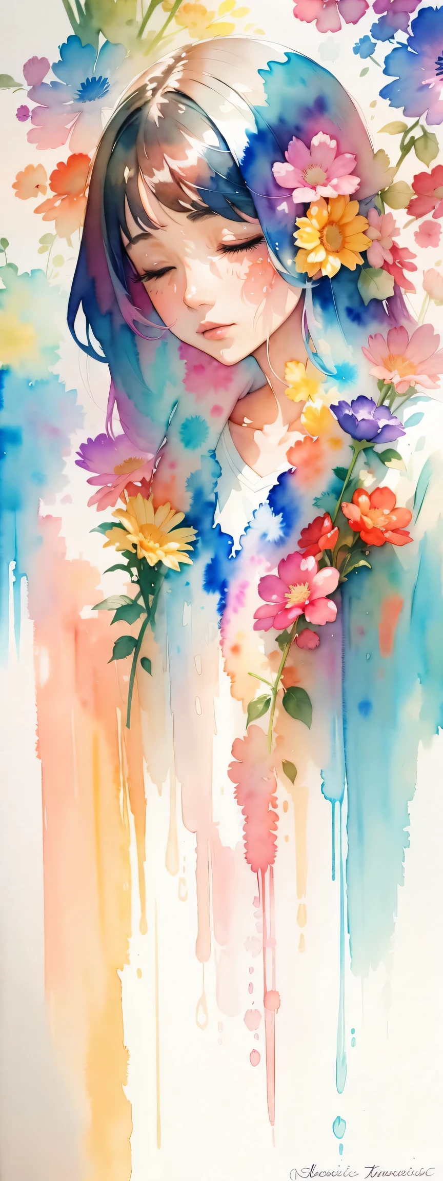 watercolor art, (watercolor painting: In this ethereal scenery, colorful flowers), Dreams and reality are intertwined. The air is filled with the intoxicating fragrance of flowers, Exquisite perfume symphony. Flowers seem to release the soul, Their essence blends with the fragrant breeze that caresses the skin.