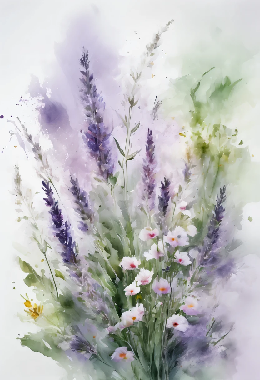 This watercolor flower painting presents an elegant and fresh visual effect。Wildflower and lavender fields,Forming the perfect combination of nature and romance。The screen is dominated by a white background,Highlight isolated watercolor flower。render with ink,Splash technology recreates wet conditions,The atmosphere seems vague and dreamy。Unique composition and abstract expression add to the artistic feel of the picture,Contains elements of surrealism。The overall color tone is mainly light tones,Lilac and green complement each other beautifully,Show high-resolution details。The splash-ink effect adds a touch of agility to the picture,The light color gives the flowers a deep and restrained beauty.。