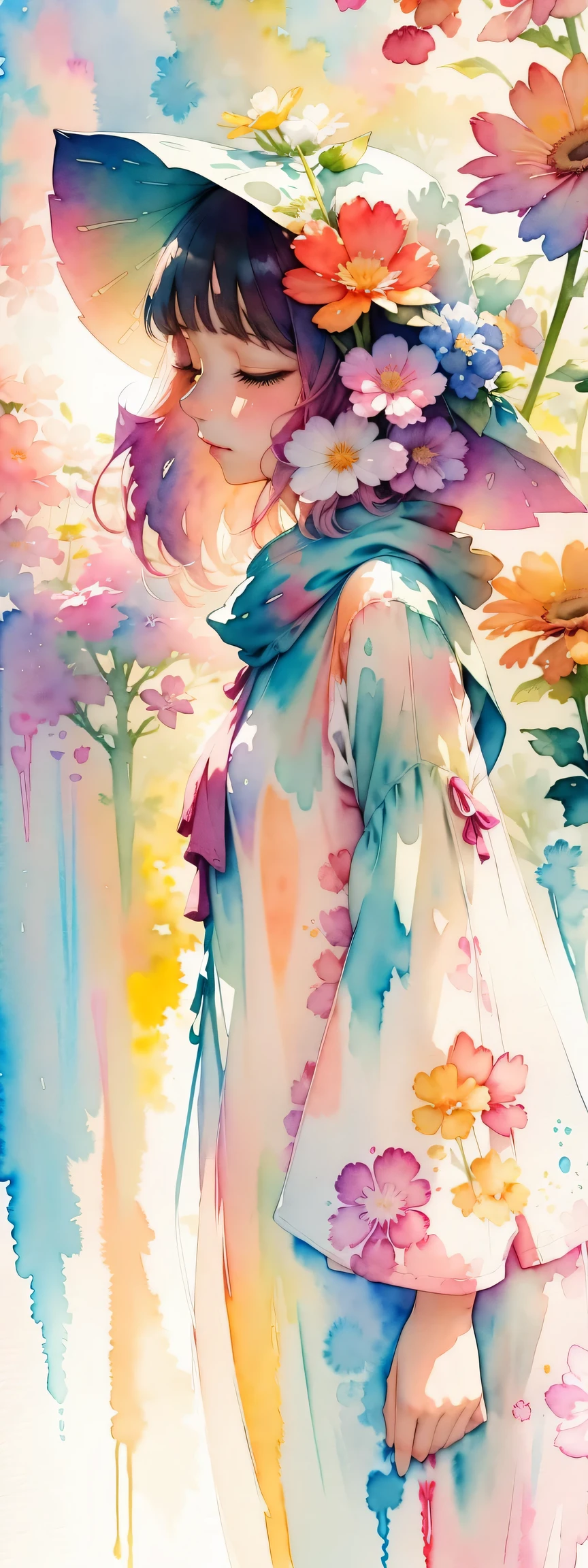 watercolor art, (watercolor painting: In this ethereal scenery, colorful flowers), Dreams and reality are intertwined. The air is filled with the intoxicating fragrance of flowers, Exquisite perfume symphony. Flowers seem to release the soul, Their essence blends with the fragrant breeze that caresses the skin.