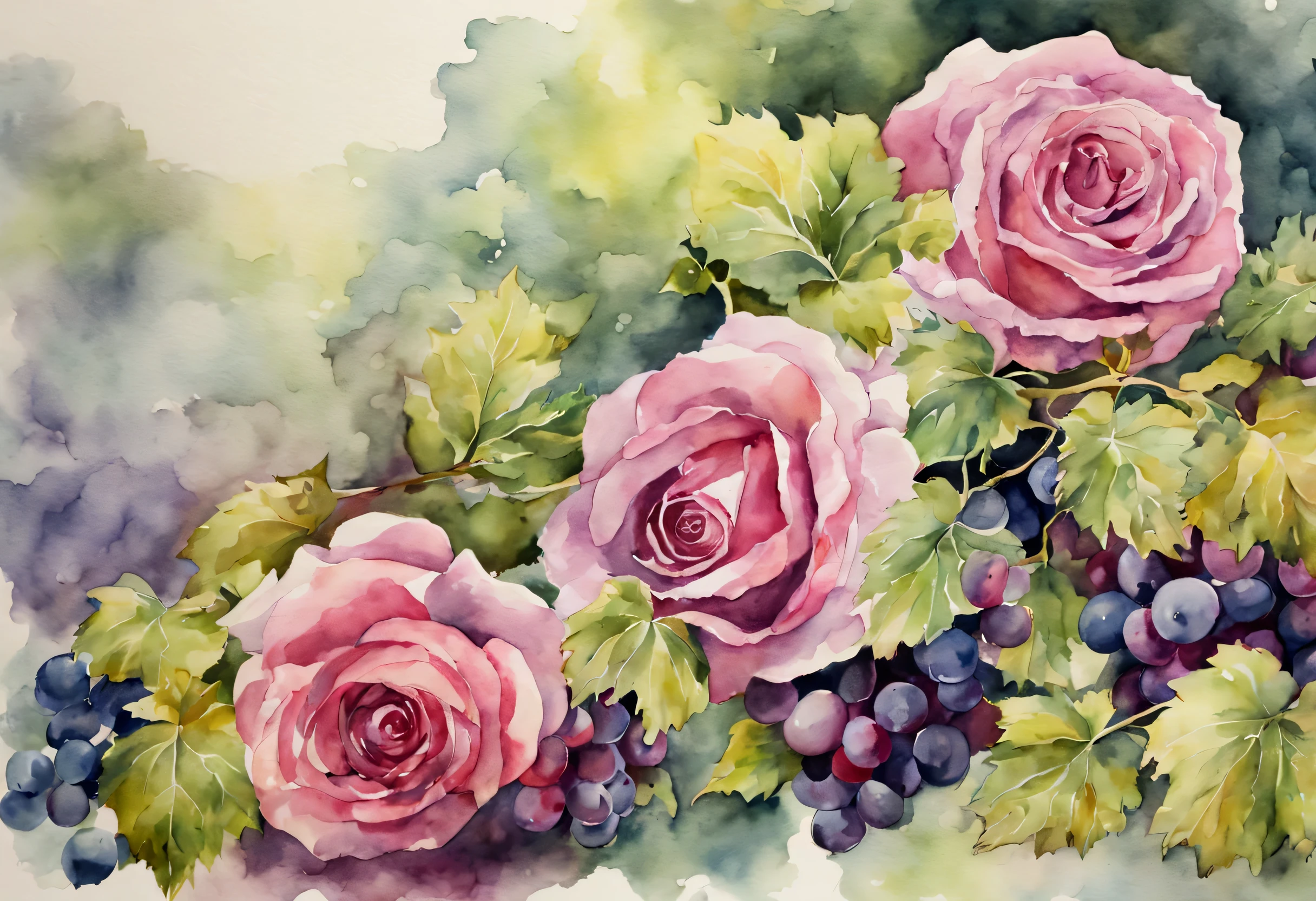 Watercolor Art, Watercolor painting, watercolor flowers, roses and grapes, high detail, The work of the wizard