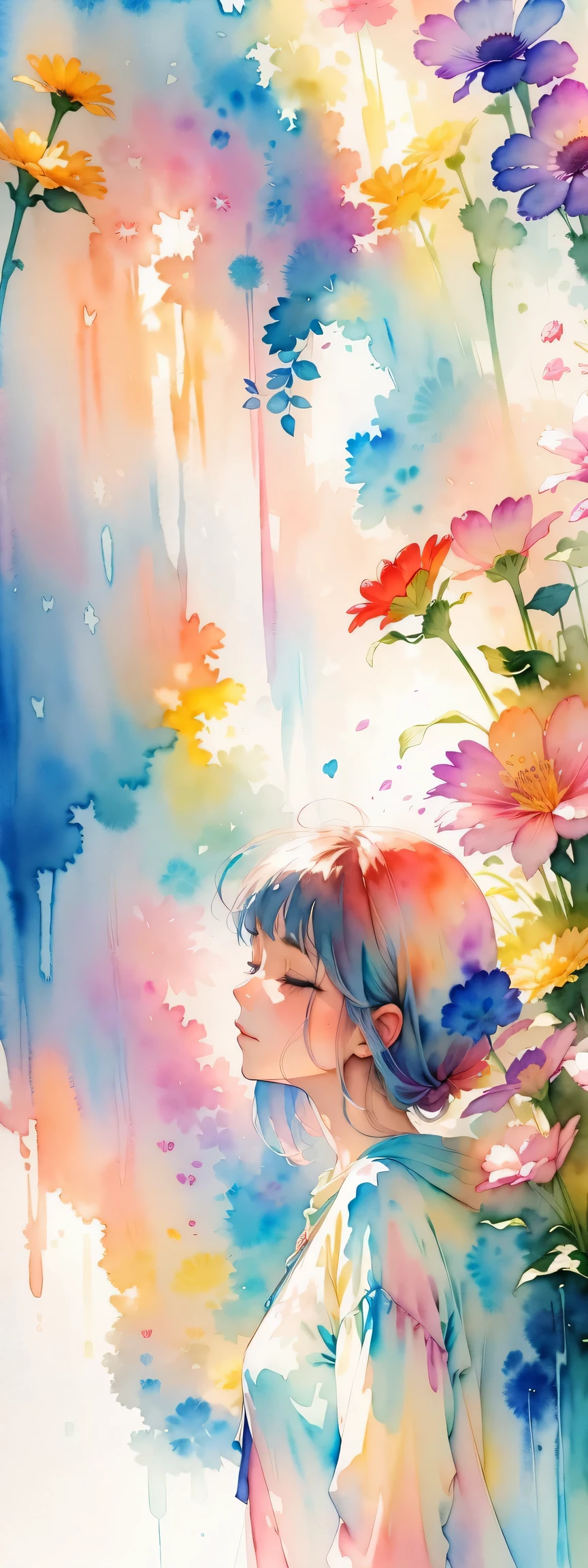 watercolor art, (watercolor painting: In this ethereal scenery, colorful flowers), Dreams and reality are intertwined. The air is filled with the intoxicating fragrance of flowers, Exquisite perfume symphony. Flowers seem to release the soul, Their essence blends with the fragrant breeze that caresses the skin.