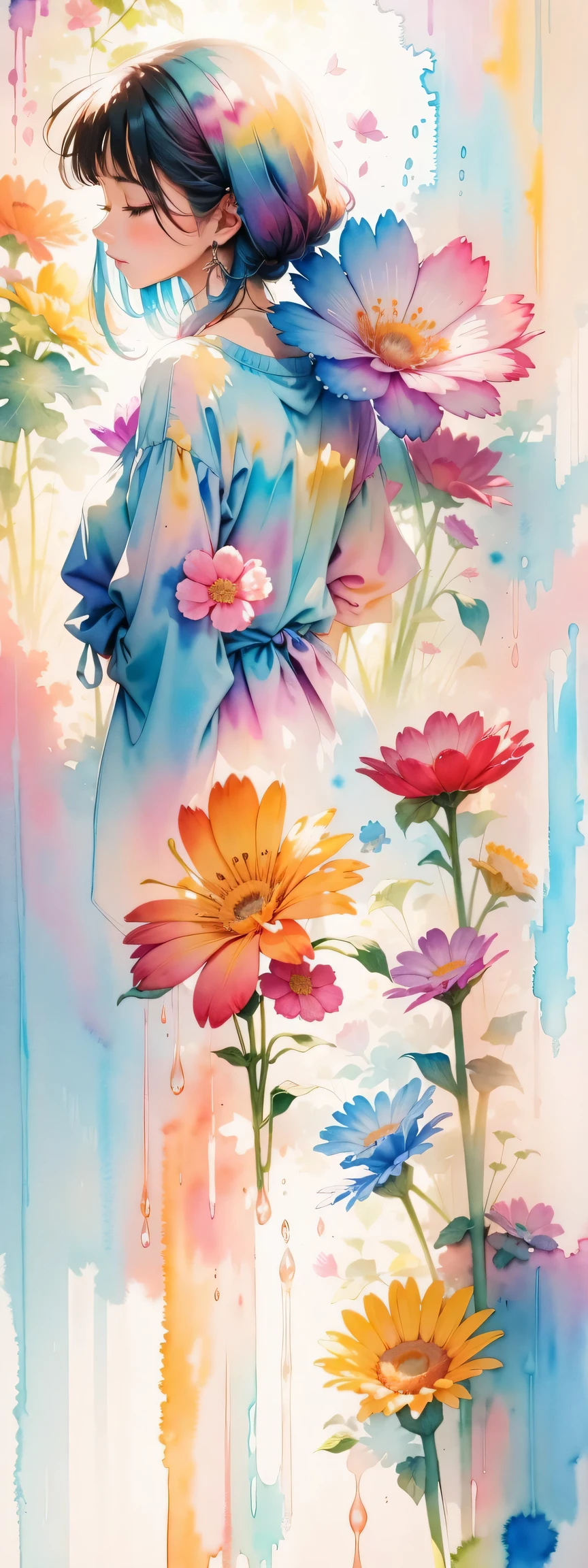 watercolor art, (watercolor painting: In this ethereal scenery, colorful flowers), Dreams and reality are intertwined. The air is filled with the intoxicating fragrance of flowers, Exquisite perfume symphony. Flowers seem to release the soul, Their essence blends with the fragrant breeze that caresses the skin.