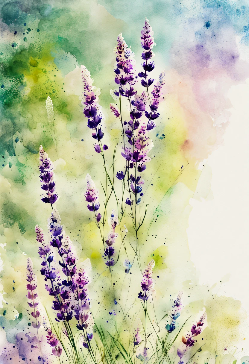 This watercolor flower painting presents an elegant and fresh visual effect。Wildflower and lavender fields，Forming the perfect combination of nature and romance。The screen is dominated by a white background，Highlight isolated watercolor flower。render with ink，Splash technology recreates wet conditions，The atmosphere seems vague and dreamy。Unique composition and abstract expression add to the artistic feel of the picture，Contains elements of surrealism。The overall color tone is mainly light tones，Lilac and green complement each other beautifully，Show high-resolution details。The splash-ink effect adds a touch of agility to the picture，The light color gives the flowers a deep and restrained beauty.。