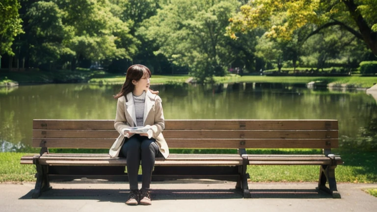 (highest quality)), ((masterpiece)), (be familiar with), perfect style、woman、Japanese、brown hair、24age、Person small、Landscape、I'm depressed、park bench