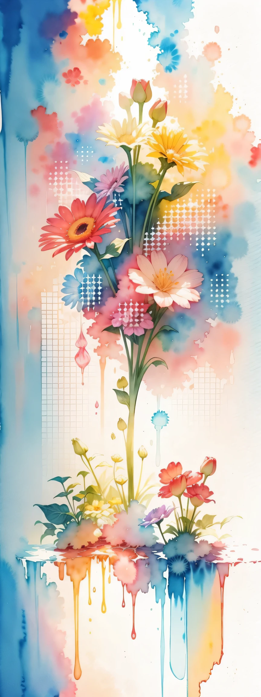 watercolor art, (watercolor painting: In this ethereal scenery, colorful flowers), Dreams and reality are intertwined. The air is filled with the intoxicating fragrance of flowers, Exquisite perfume symphony. Flowers seem to release the soul, Their essence blends with the fragrant breeze that caresses the skin.