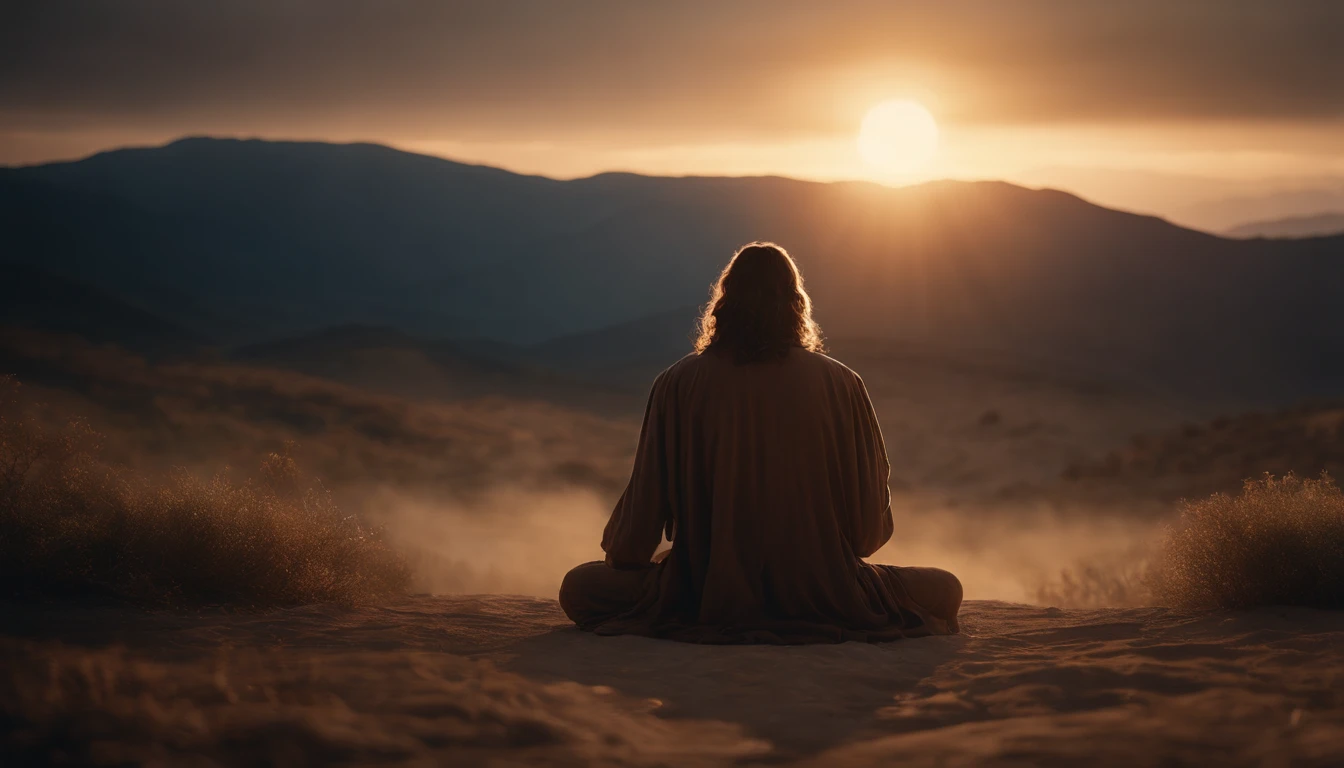 Jesus praying on his knees at dawn., Ultra High Definition |, Realista, vivid colors, muy detallado, UHD Design, Pluma y tinta, perfect composition, Beautiful Incredibly Detailed Octane Render Trending on ArtStation, 8 k artistic photography, arte conceptual fotorrealista,