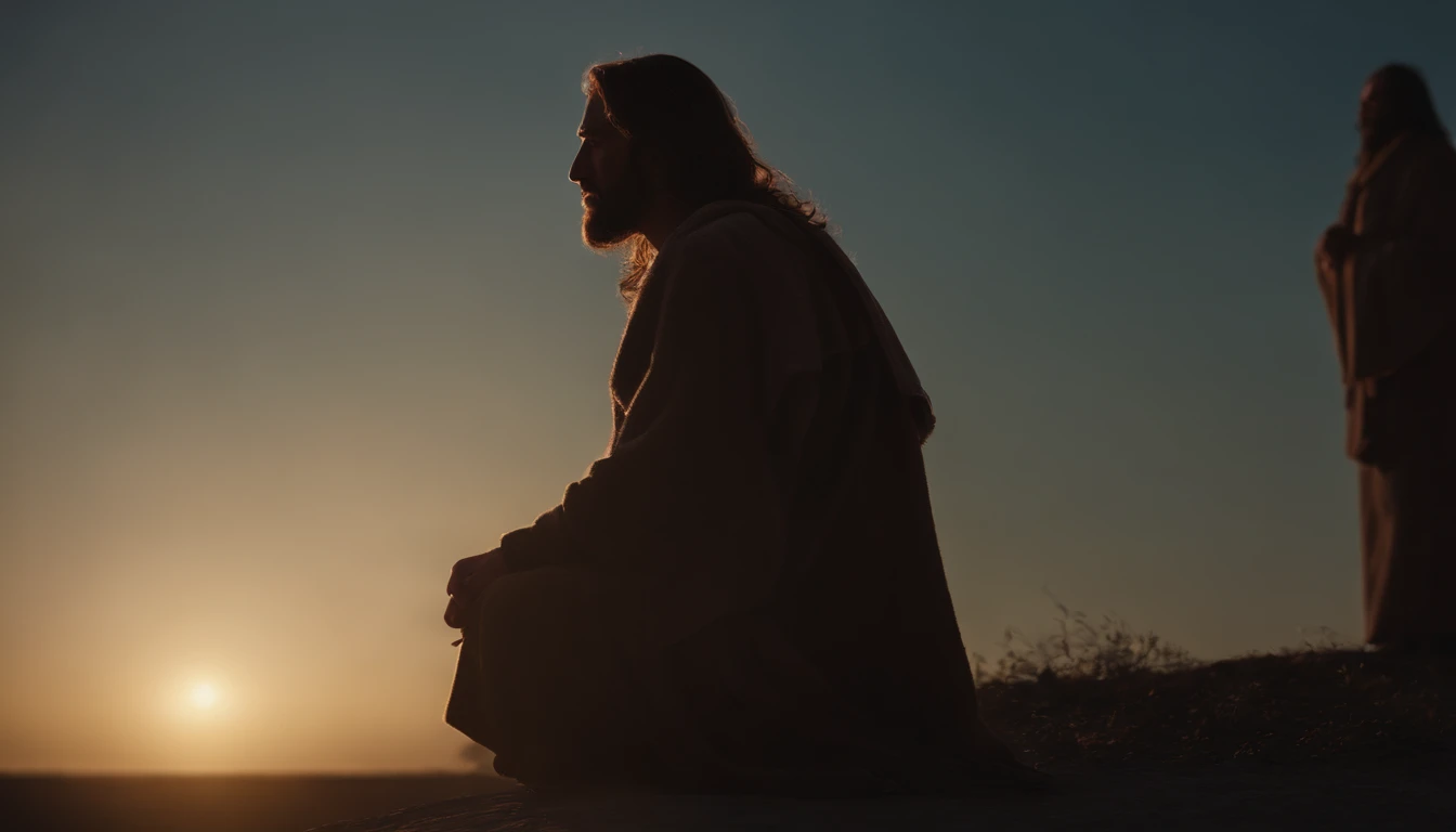 Jesus praying on his knees at dawn., Ultra High Definition |, Realista, vivid colors, muy detallado, UHD Design, Pluma y tinta, perfect composition, Beautiful Incredibly Detailed Octane Render Trending on ArtStation, 8 k artistic photography, arte conceptual fotorrealista,