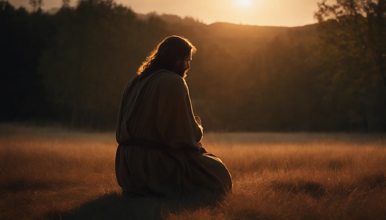 Jesus praying on his knees at dawn., Ultra High Definition |, Realista, vivid colors, muy detallado, UHD Design, Pluma y tinta, perfect composition, Beautiful Incredibly Detailed Octane Render Trending on ArtStation, 8 k artistic photography, arte conceptual fotorrealista,