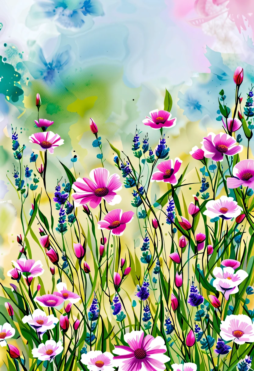 This watercolor flower painting presents an elegant and fresh visual effect。Wildflower and lavender fields,Forming the perfect combination of nature and romance。The screen is dominated by a white background,Highlight isolated watercolor flower。render with ink,Splash technology recreates wet conditions,The atmosphere seems vague and dreamy。Unique composition and abstract expression add to the artistic feel of the picture,Contains elements of surrealism。The overall color tone is mainly light tones,Lilac and green complement each other beautifully,Show high-resolution details。The splash-ink effect adds a touch of agility to the picture,The light color gives the flowers a deep and restrained beauty.。
