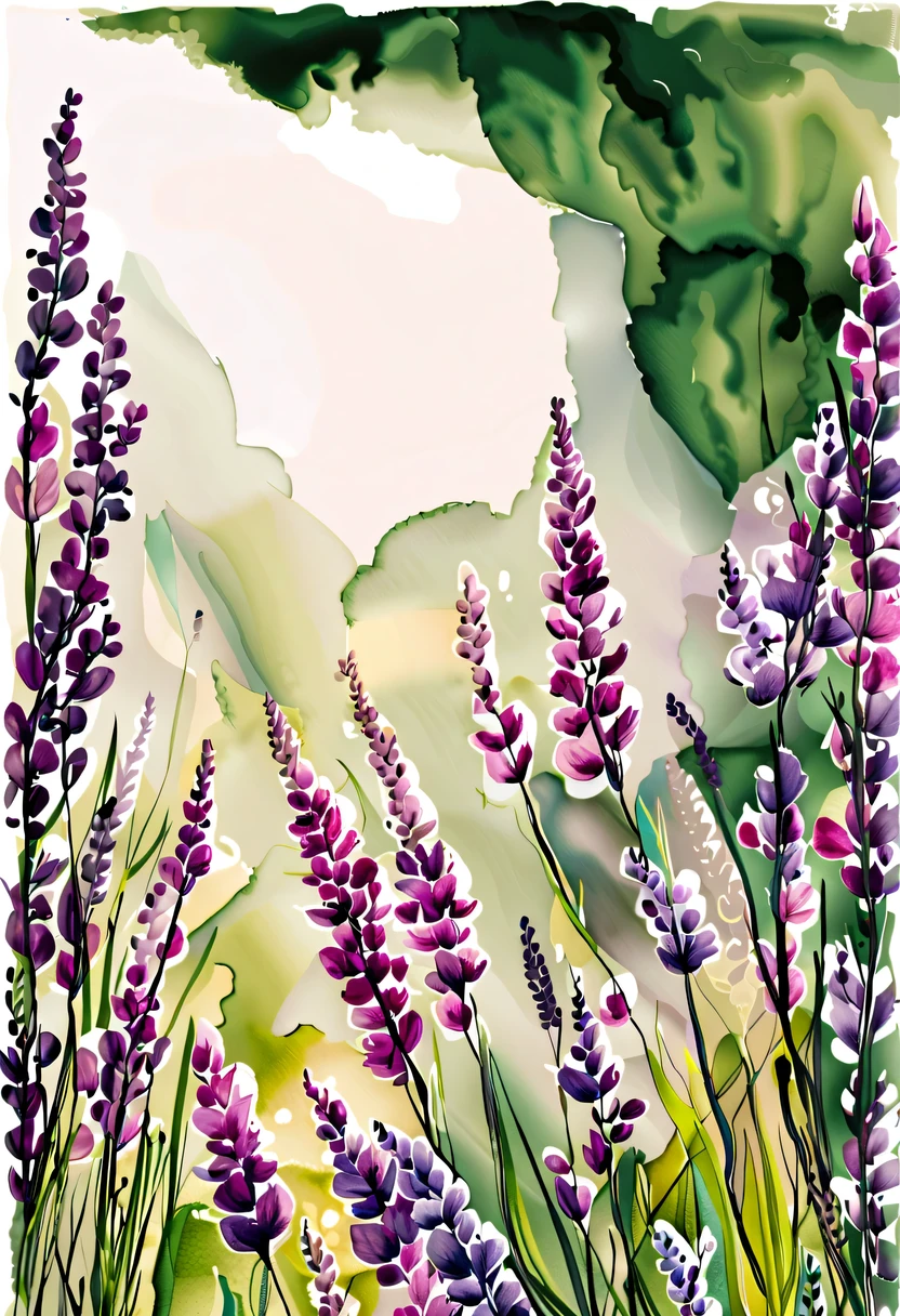 This watercolor flower painting presents an elegant and fresh visual effect。Wildflower and lavender fields,Forming the perfect combination of nature and romance。The screen is dominated by a white background,Highlight isolated watercolor flower。render with ink,Splash technology recreates wet conditions,The atmosphere seems vague and dreamy。Unique composition and abstract expression add to the artistic feel of the picture,Contains elements of surrealism。The overall color tone is mainly light tones,Lilac and green complement each other beautifully,Show high-resolution details。The splash-ink effect adds a touch of agility to the picture,The light color gives the flowers a deep and restrained beauty.。