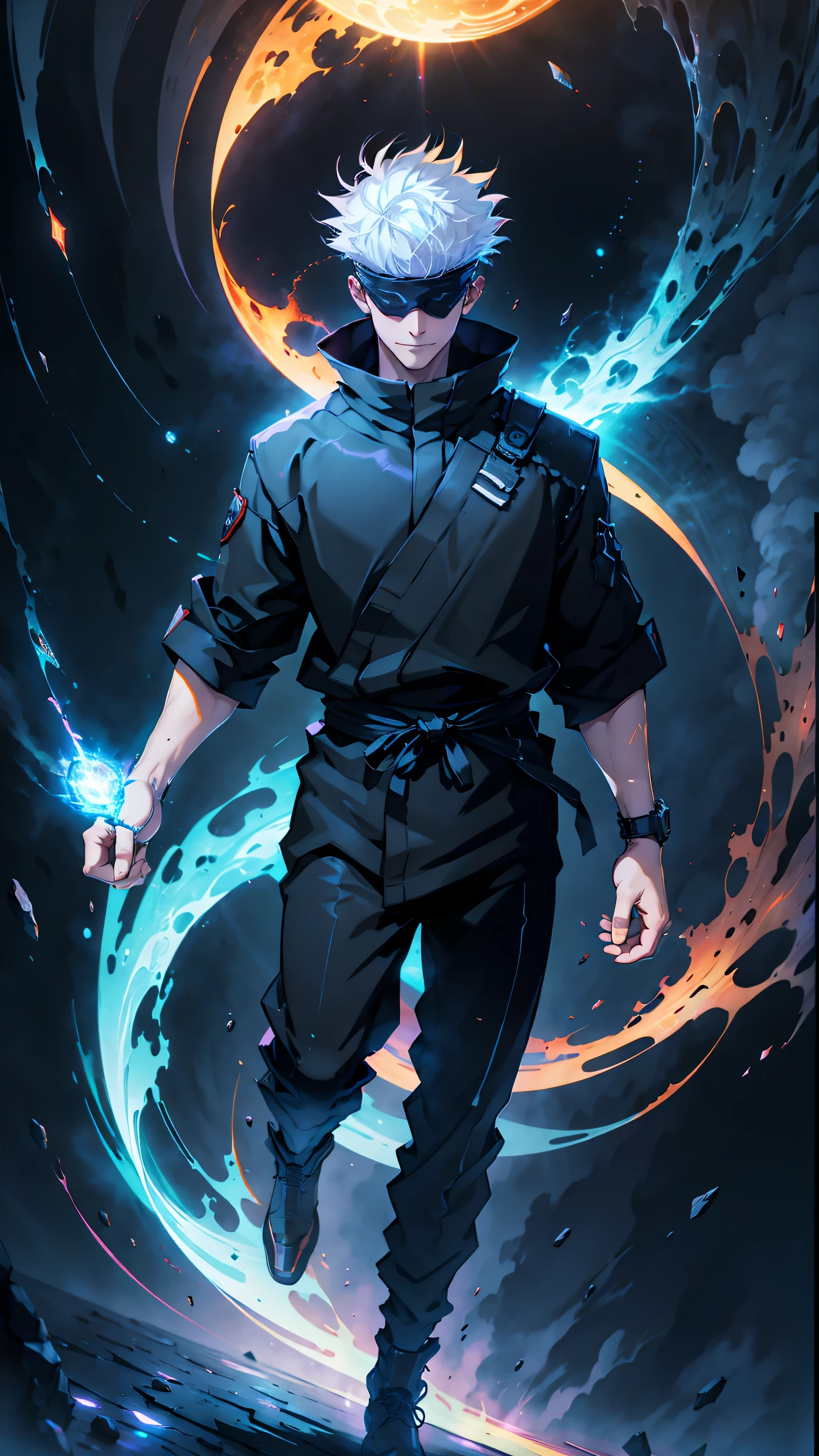 1boy, full body shot, perfect fingers, satoru gojo, blindfold, black outfit, white hair, battle pose, red energy void in right,blue energy void in left, smirk, red and blue moon background, wallpaper, cinematic,High resolution 8K, Bright light illumination, lens flare, sharpness, masterpiece, top-quality, The ultra -The high-definition, high resolution, extremely details CG, Anime style, Film Portrait Photography,