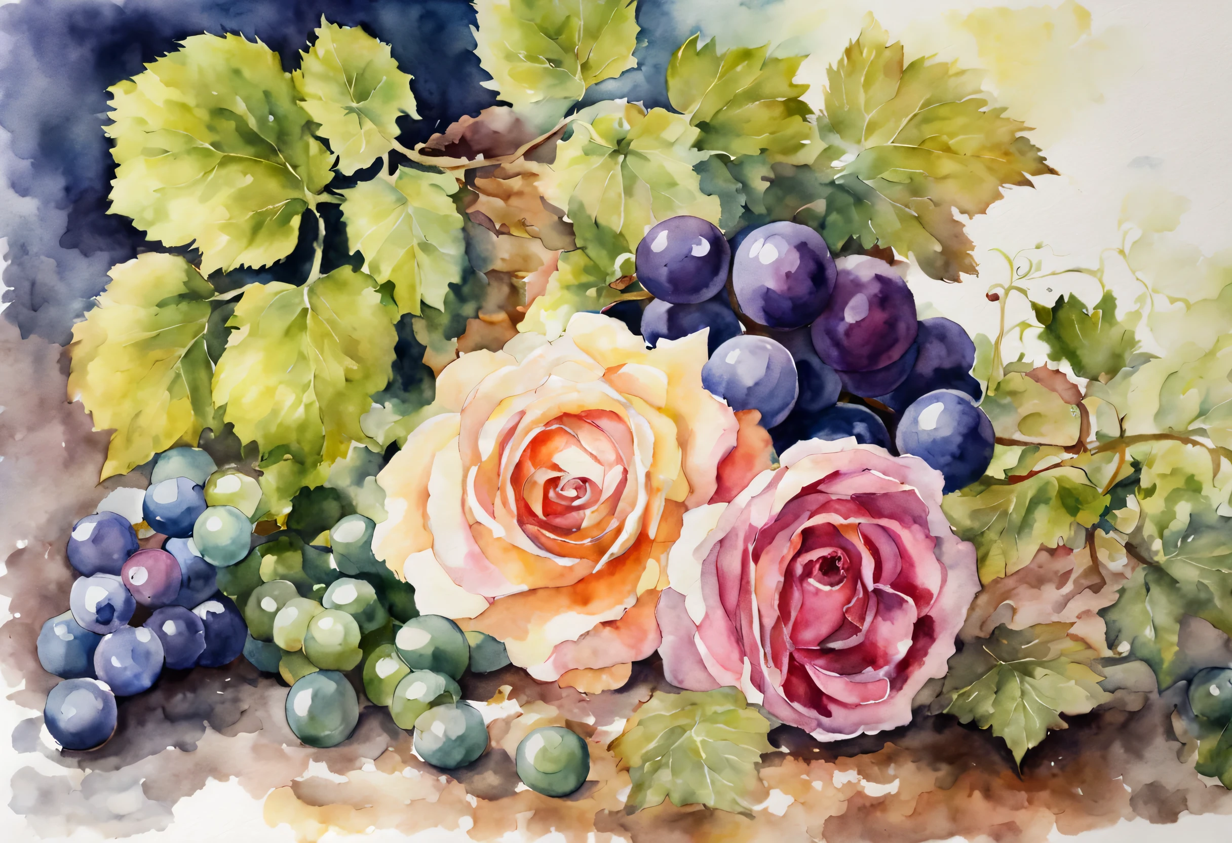 Watercolor Art, Watercolor painting, watercolor flowers, roses and grapes, high detail, The work of the wizard