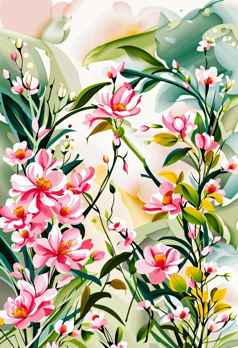 This watercolor flower painting presents an elegant and fresh visual effect。Wild flowers and peach blossoms intertwined in the fields，Forming the perfect combination of nature and romance。The screen is dominated by a white background，Highlight isolated watercolor flower。Splash technology recreates wet conditions，The atmosphere seems vague and dreamy。Unique composition and abstract expression add to the artistic feel of the picture，Contains elements of surrealism。The overall color tone is mainly light tones，Pale pink and green complement each other，Show high-resolution details。The splash-ink effect adds a touch of agility to the picture，The light color gives the flowers a deep and restrained beauty.。