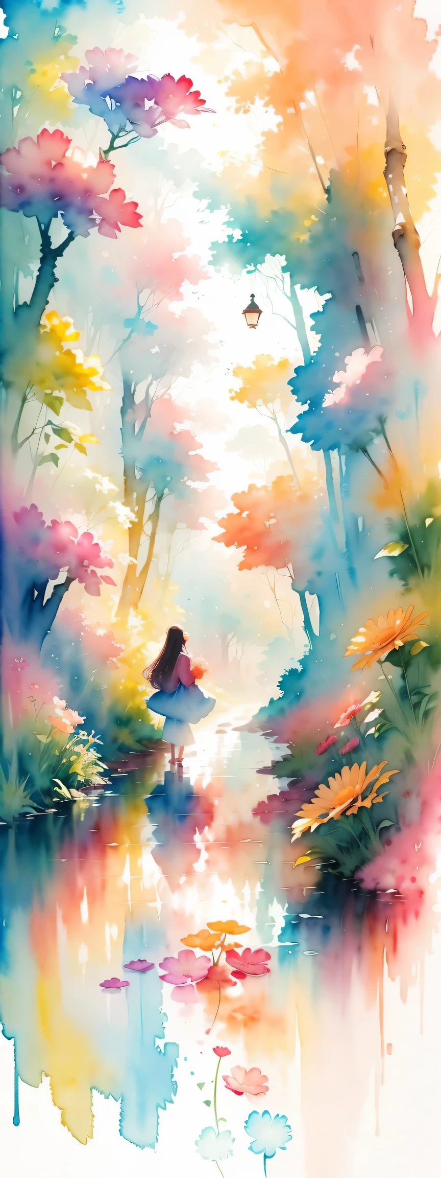 watercolor art, (watercolor painting: In this ethereal scenery, colorful flowers), Dreams and reality are intertwined. The air is filled with the intoxicating fragrance of flowers, Exquisite perfume symphony. Flowers seem to release the soul, Their essence blends with the fragrant breeze that caresses the skin.