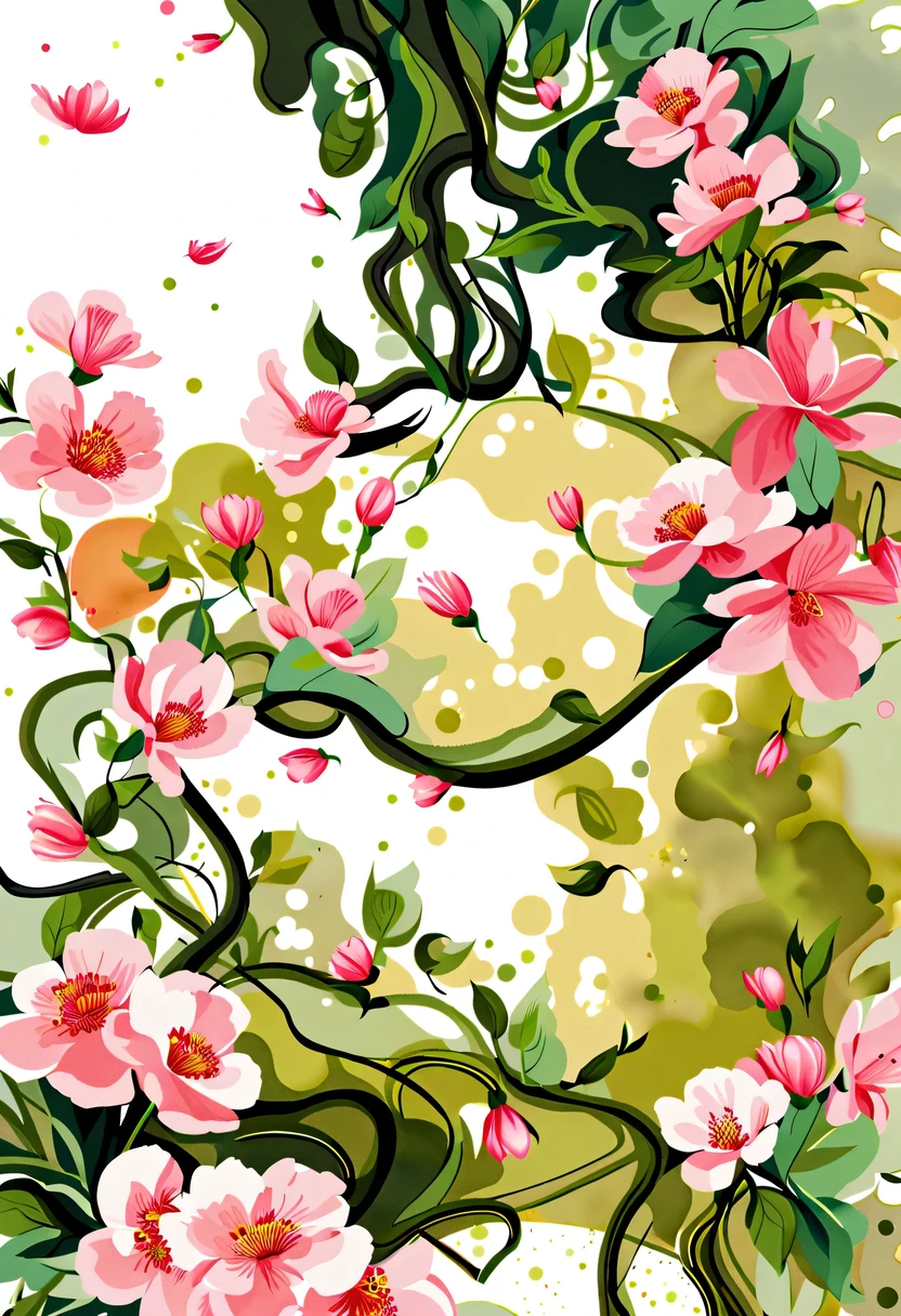 This watercolor flower painting presents an elegant and fresh visual effect。Wild flowers and peach blossoms intertwined in the fields，Forming the perfect combination of nature and romance。The screen is dominated by a white background，Highlight isolated watercolor flower。Splash technology recreates wet conditions，The atmosphere seems vague and dreamy。Unique composition and abstract expression add to the artistic feel of the picture，Contains elements of surrealism。The overall color tone is mainly light tones，Pale pink and green complement each other，Show high-resolution details。The splash-ink effect adds a touch of agility to the picture，The light color gives the flowers a deep and restrained beauty.。