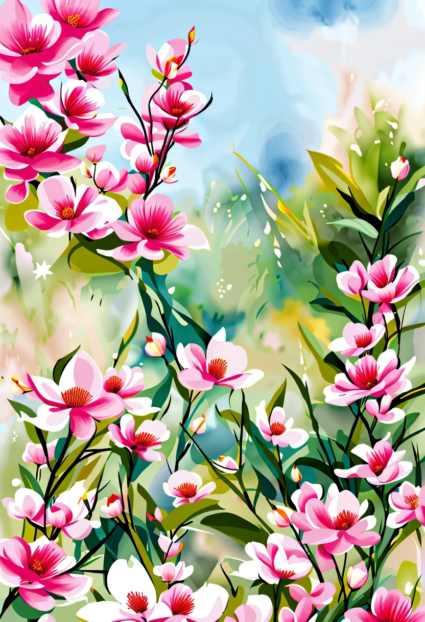 This watercolor flower painting presents an elegant and fresh visual effect。Wild flowers and peach blossoms intertwined in the fields,Forming the perfect combination of nature and romance。The screen is ted by a white background,Highlight isolated watercolor flower。Splash technology recreates wet conditions,The atmosphere seems vague and dreamy。Unique composition and abstract expression add to the artistic feel of the picture,Contains elements of surrealism。The overall color tone is mainly light tones,Pale pink and green complement each other,Show high-resolution details。The splash-ink effect adds a touch of agility to the picture,The light color gives the flowers a deep and restrained beauty.。
