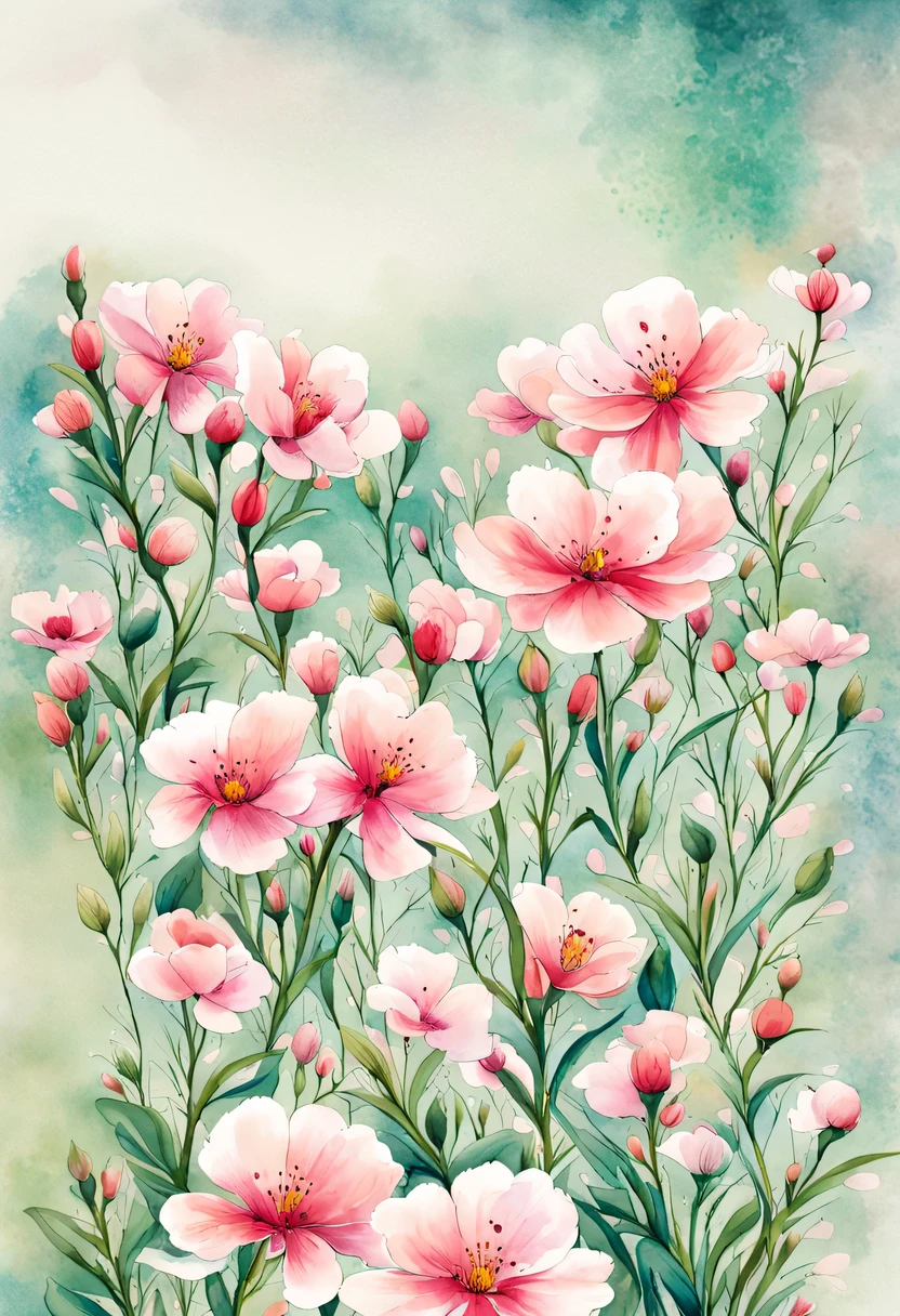 This watercolor flower painting presents an elegant and fresh visual effect。Wild flowers and peach blossoms intertwined in the fields,Forming the perfect combination of nature and romance。The screen is dominated by a white background,Highlight isolated watercolor flower。Splash technology recreates wet conditions,The atmosphere seems vague and dreamy。Unique composition and abstract expression add to the artistic feel of the picture,Contains elements of surrealism。The overall color tone is mainly light tones,Pale pink and green complement each other,Show high-resolution details。The splash-ink effect adds a touch of agility to the picture,The light color gives the flowers a deep and restrained beauty.。