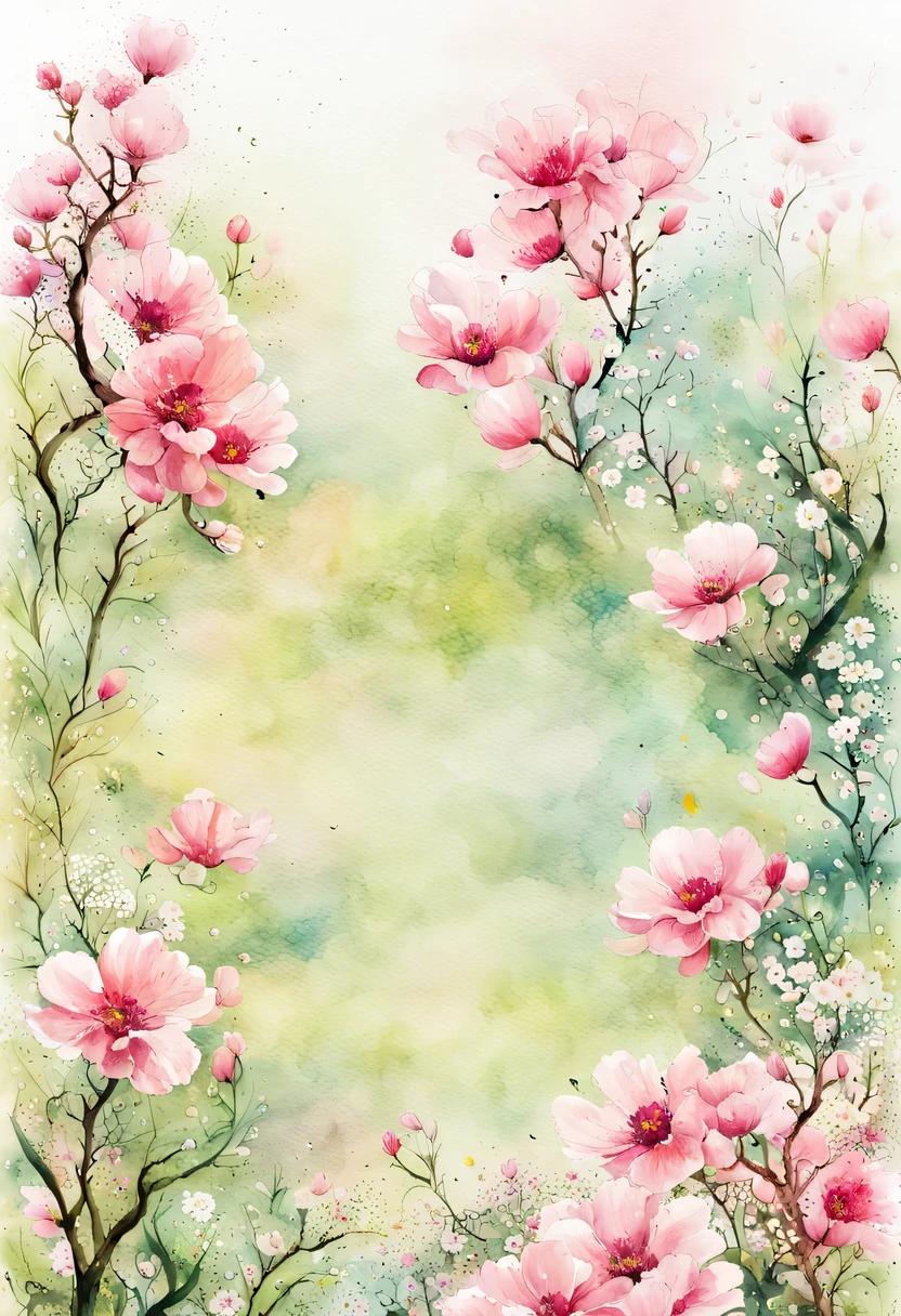 This watercolor flower painting presents an elegant and fresh visual effect。Wild flowers and peach blossoms intertwined in the fields，Forming the perfect combination of nature and romance。The screen is dominated by a white background，Highlight isolated watercolor flower。Splash technology recreates wet conditions，The atmosphere seems vague and dreamy。Unique composition and abstract expression add to the artistic feel of the picture，Contains elements of surrealism。The overall color tone is mainly light tones，Pale pink and green complement each other，Show high-resolution details。The splash-ink effect adds a touch of agility to the picture，The light color gives the flowers a deep and restrained beauty.。