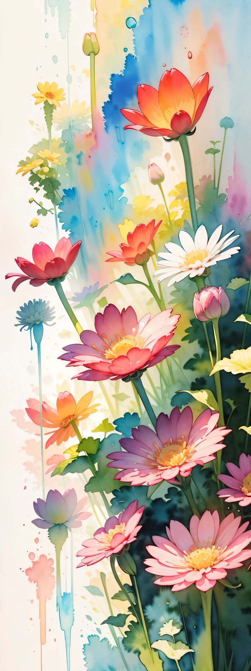 watercolor art, (watercolor painting: In this ethereal scenery, Colorful flowers), Dreams and reality are intertwined. The air is filled with the intoxicating fragrance of flowers, Exquisite perfume symphony. Flowers seem to release the soul, Their essence blends with the fragrant breeze that caresses the skin.