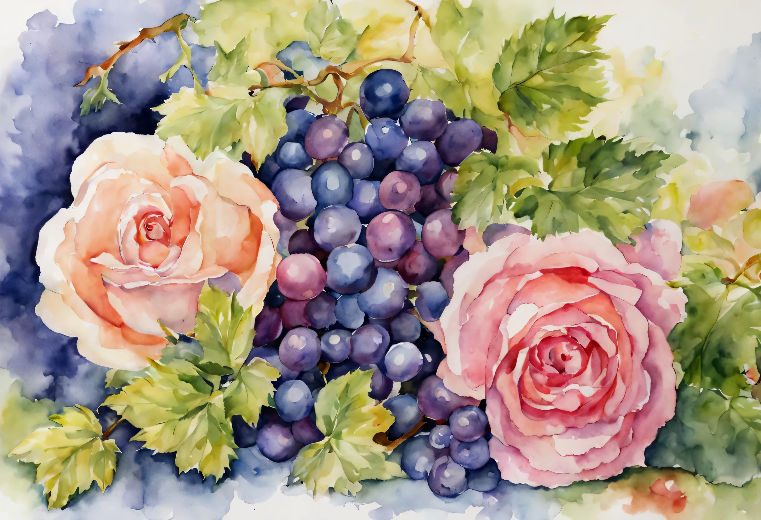 Watercolor Art, Watercolor painting, watercolor flowers, roses and grapes, high detail, The work of the wizard