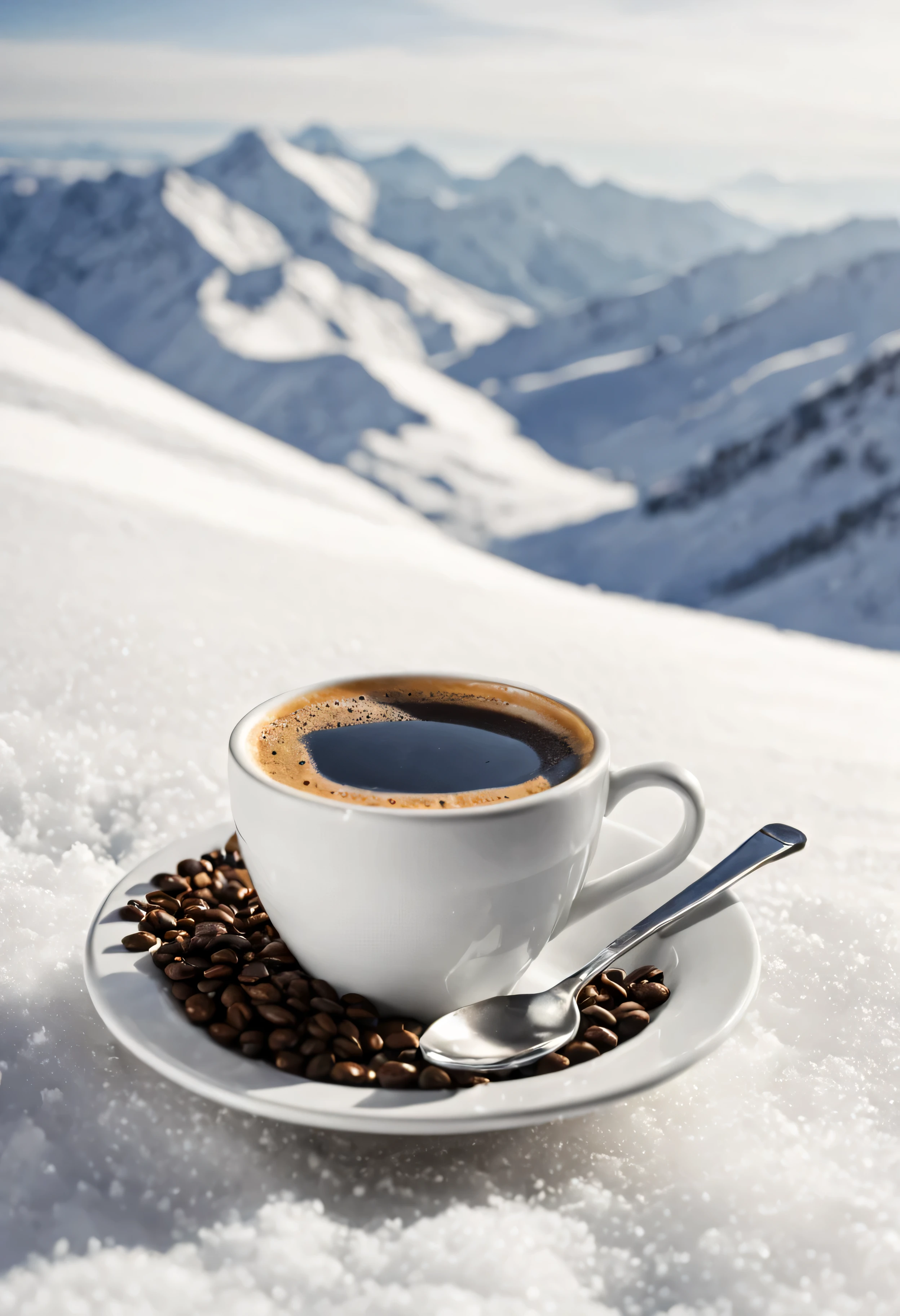 tasse de café, avec des grains de café à part, en haut d'une piste de ski, style photographie