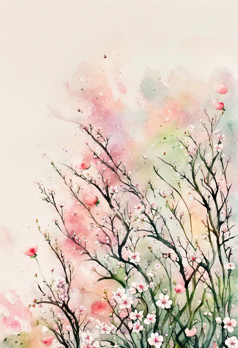 This watercolor flower painting presents an elegant and fresh visual effect。Wild flowers and peach blossoms intertwined in the fields，Forming the perfect combination of nature and romance。The screen is dominated by a white background，Highlight isolated watercolor flower。Splash technology recreates wet conditions，The atmosphere seems vague and dreamy。Unique composition and abstract expression add to the artistic feel of the picture，Contains elements of surrealism。The overall color tone is mainly light tones，Pale pink and green complement each other，Show high-resolution details。The splash-ink effect adds a touch of agility to the picture，The light color gives the flowers a deep and restrained beauty.。