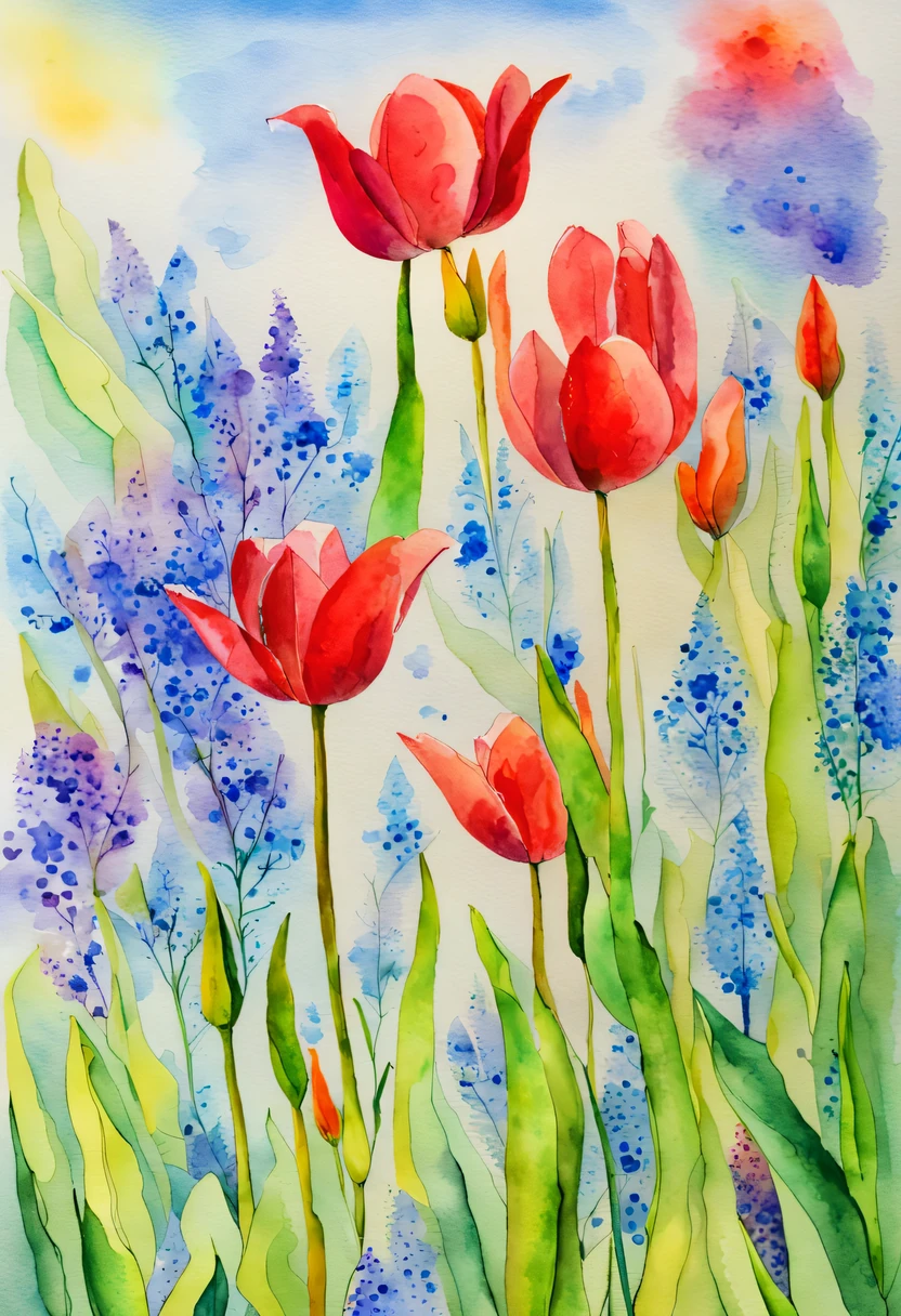 watercolor painting, flowers,There are many wild flowers in the fields,tulip
